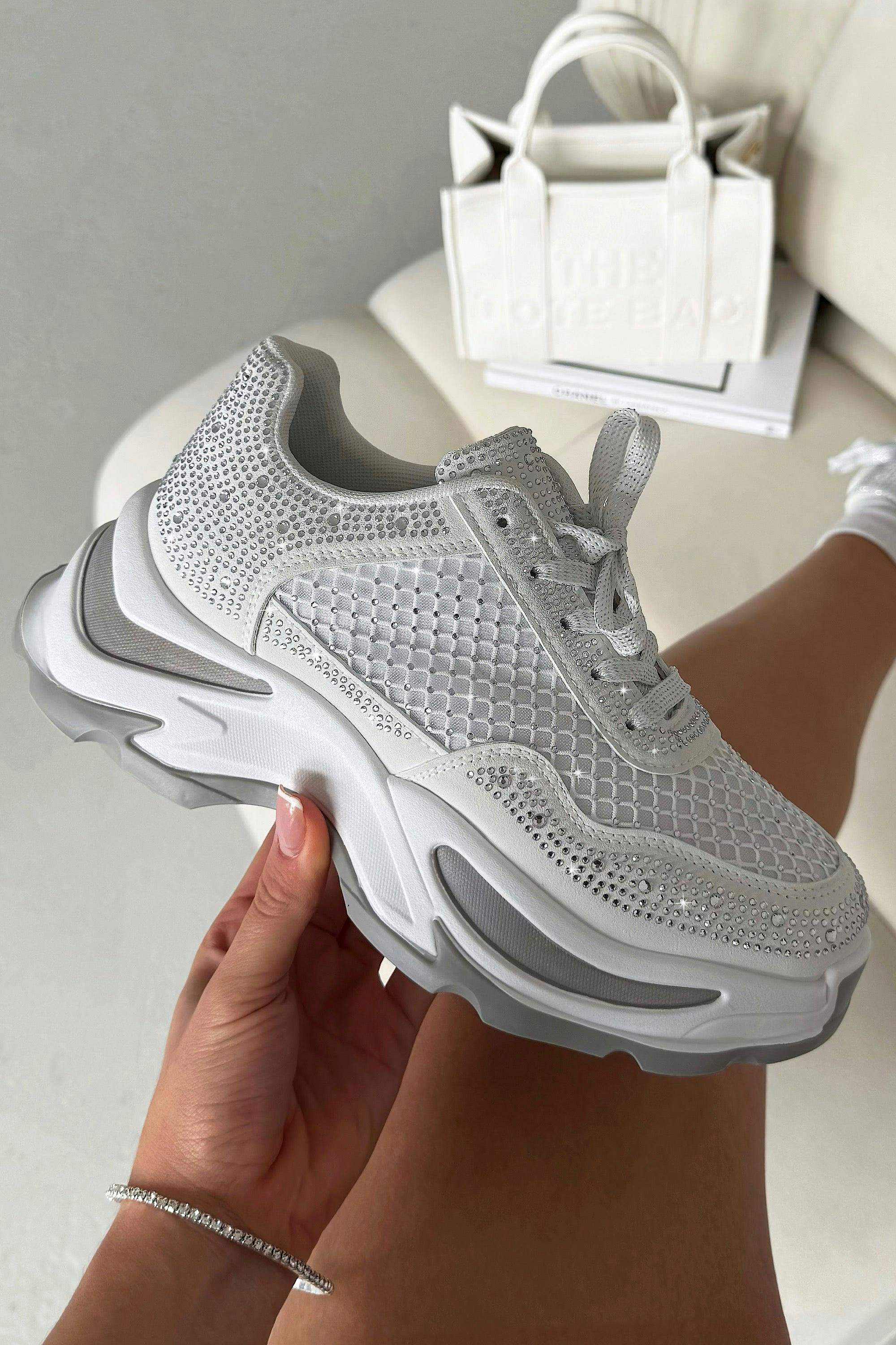 Love Lemonade Women's White Crystal Luxe Motion Chunky Trainers - Uk 7