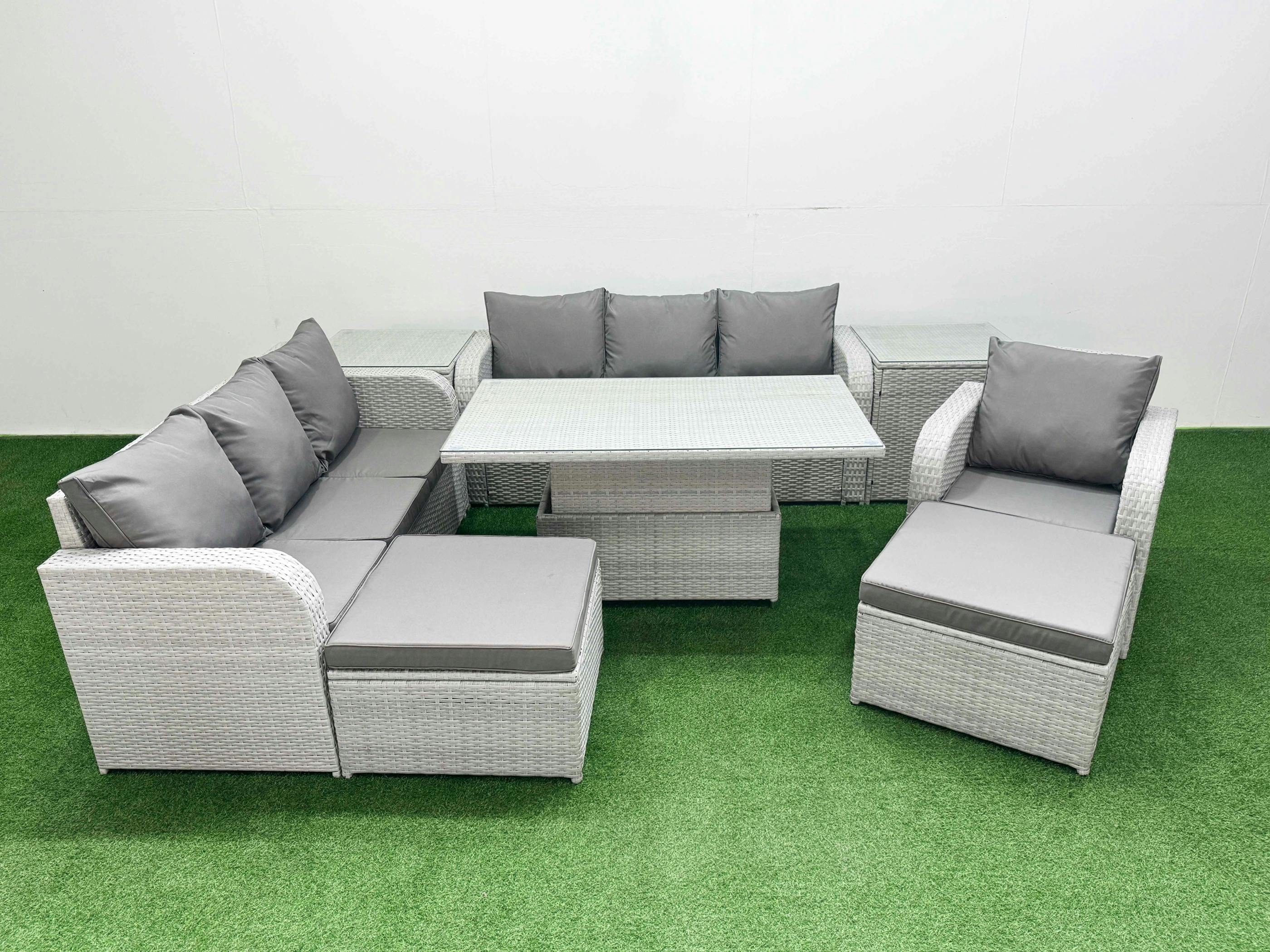 Rackhams Light/Grey 9 Seater Rattan Garden Furniture Set With Adjustable Table, 2X 3 Seater Sofas, Reclining Chair, 2 Footstools, 2 Side Tables