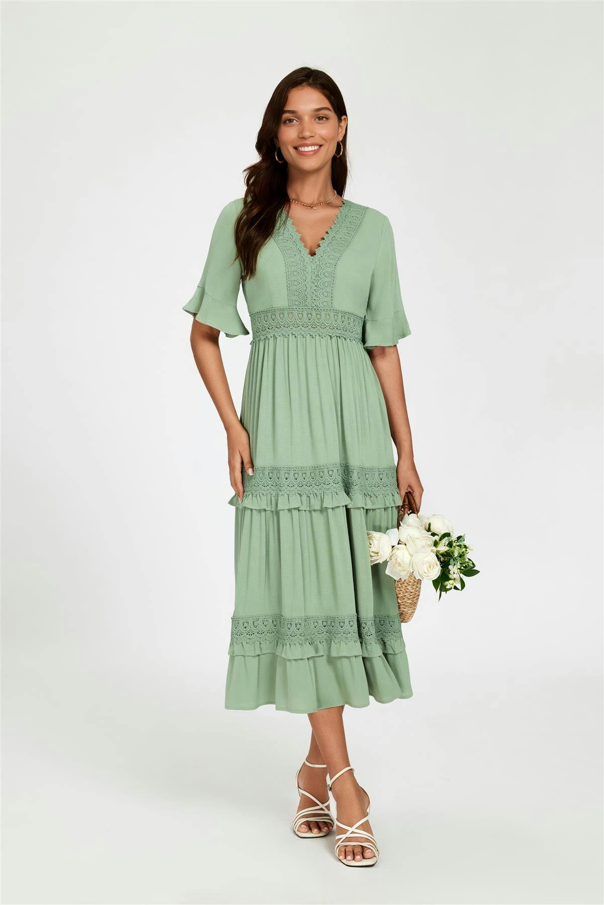 Fs Collection Green V Neck Lace Detail Midi Dress In - Xs