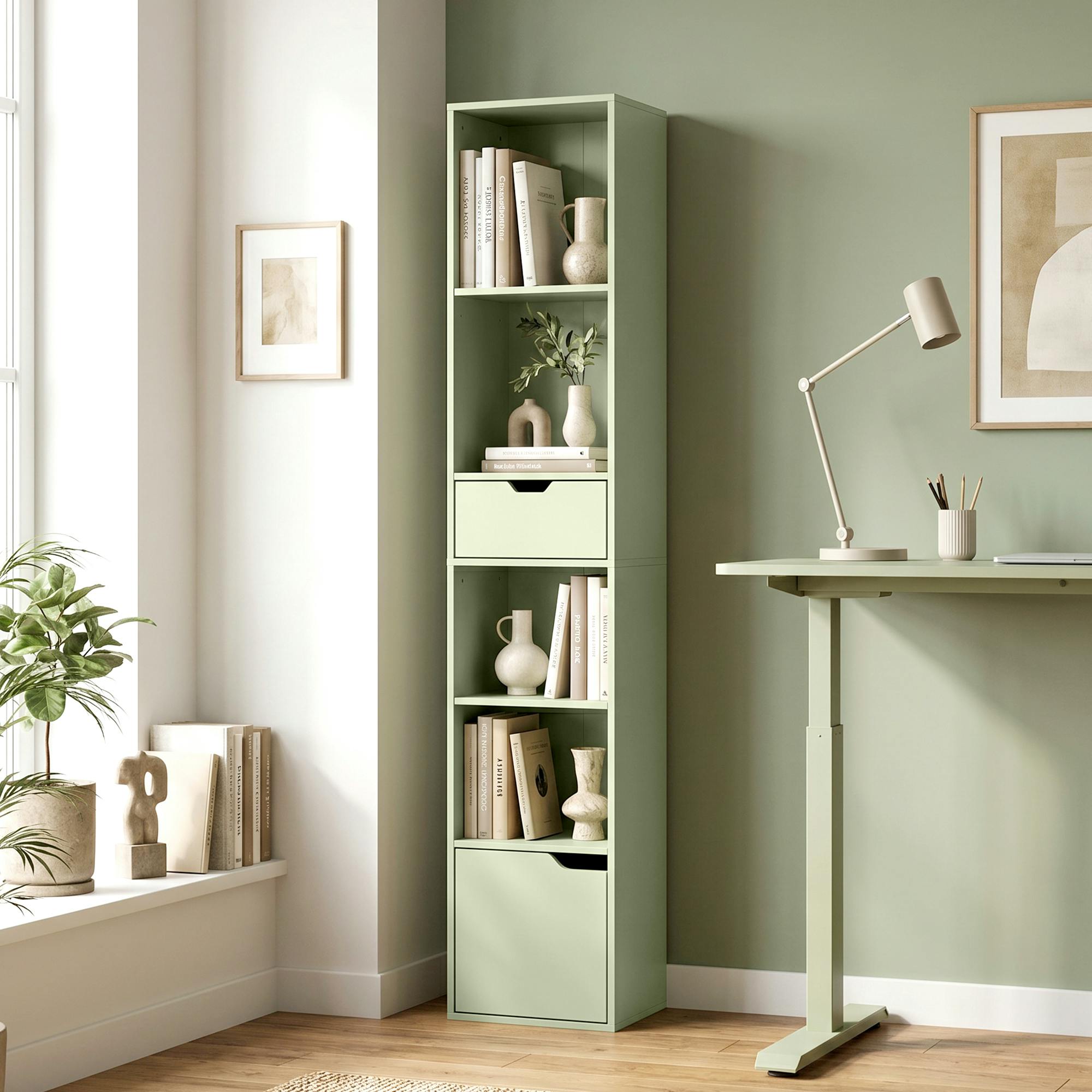 Rackhams Green Narrow Bookshelf With Drawer, Tall Bookcase For Living Room,