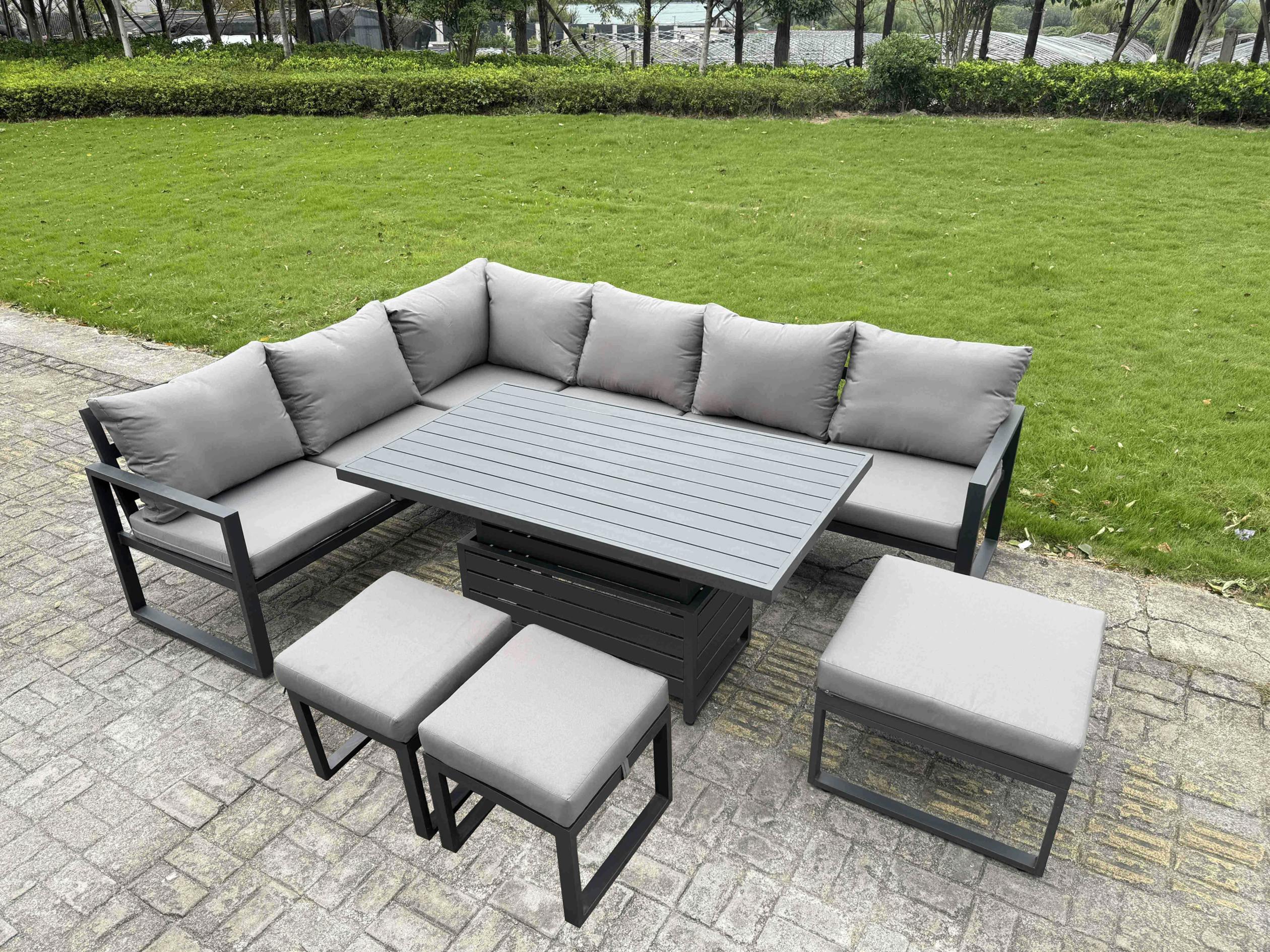 Fimous Dark/Grey 9 Seater Aluminium Garden Furniture Set With Adjustable Rising Dining Table, Corner Sofa & 3 Footstools