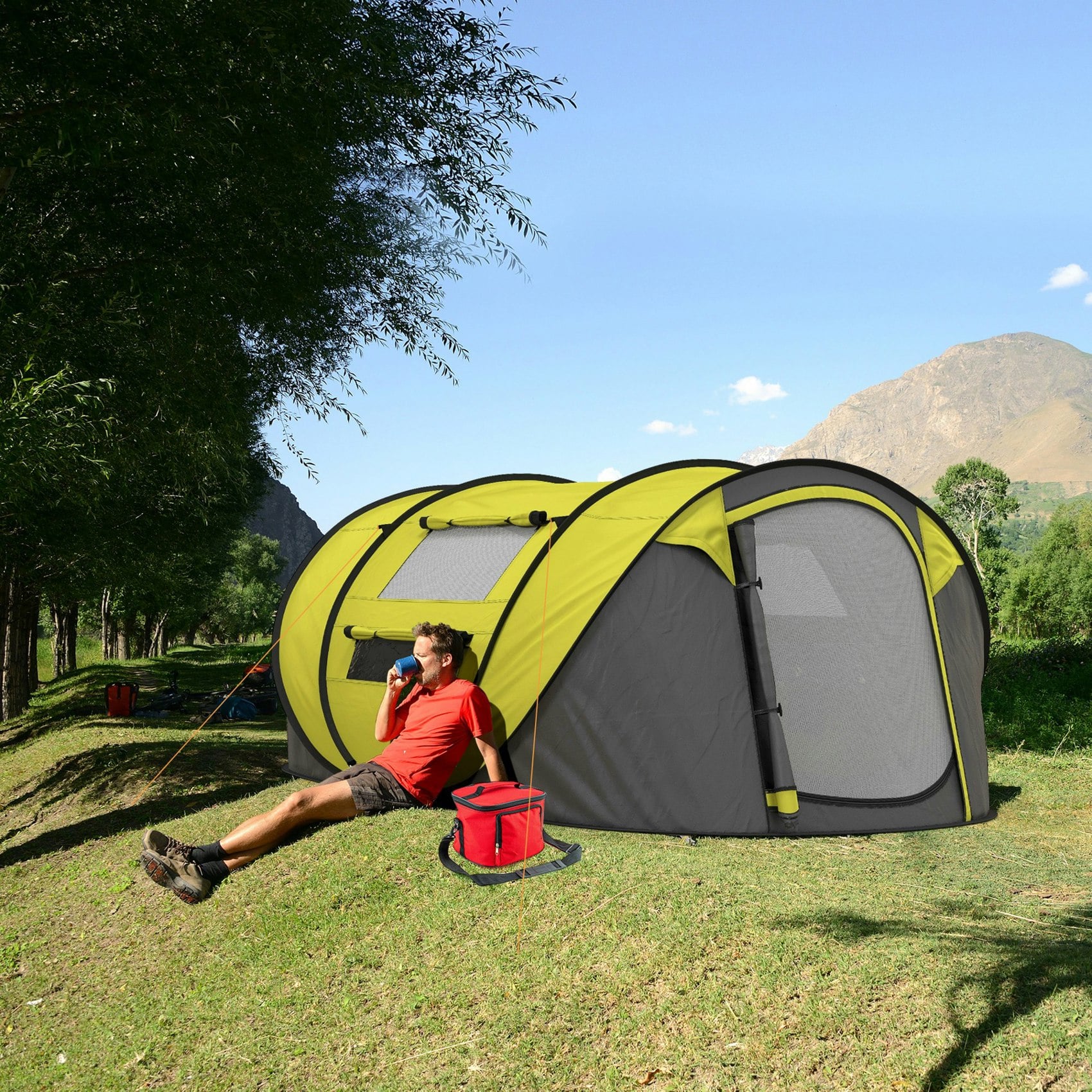 Outsunny Yellow Camping Tent Dome Pop-Up Tent With Windows For 4-5 Person