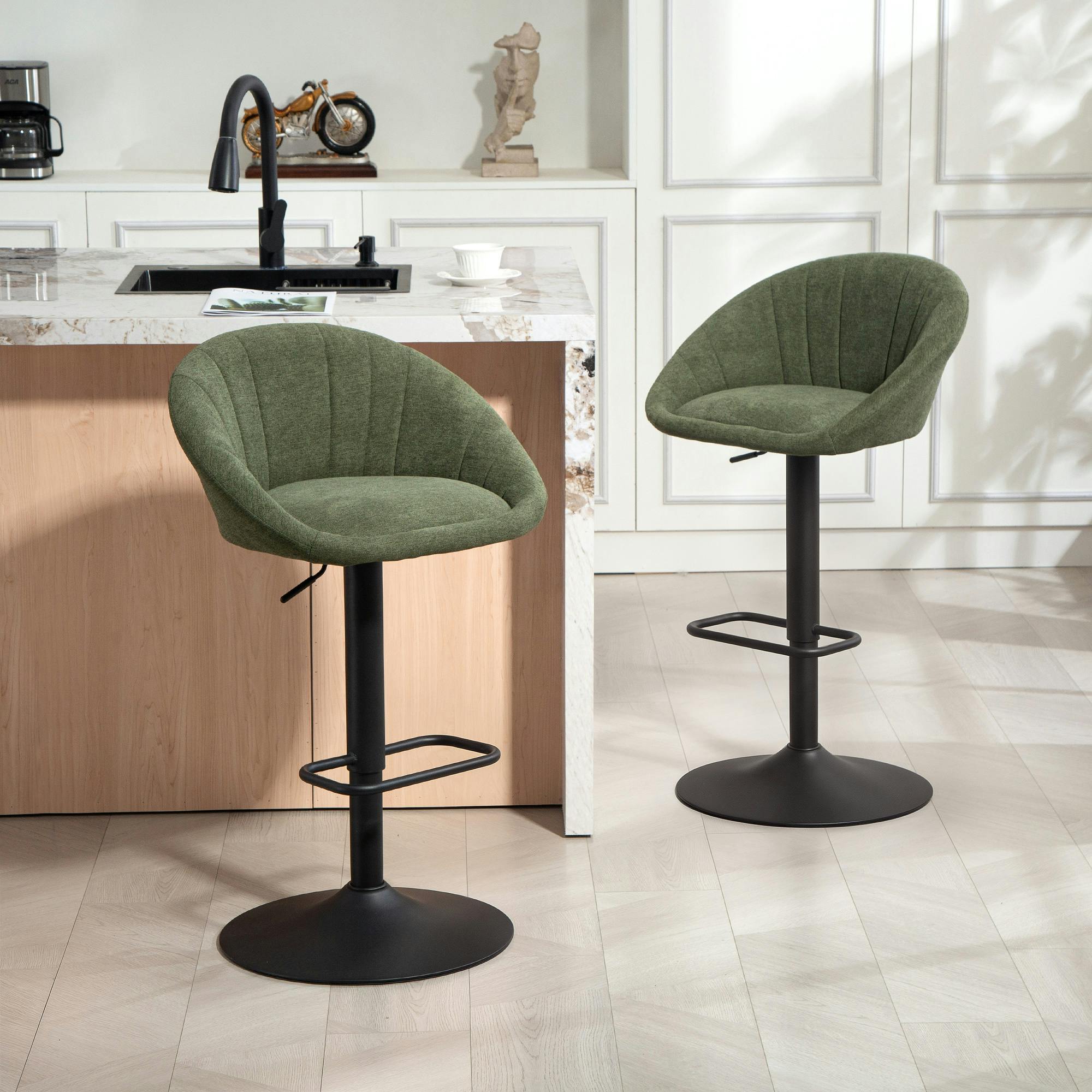 Homcom Dark/Green Swivel Bar Stools Set Of 2 Height Adjustable Bar Chairs - Polyester, Steel, Plywood, Sponge - 2