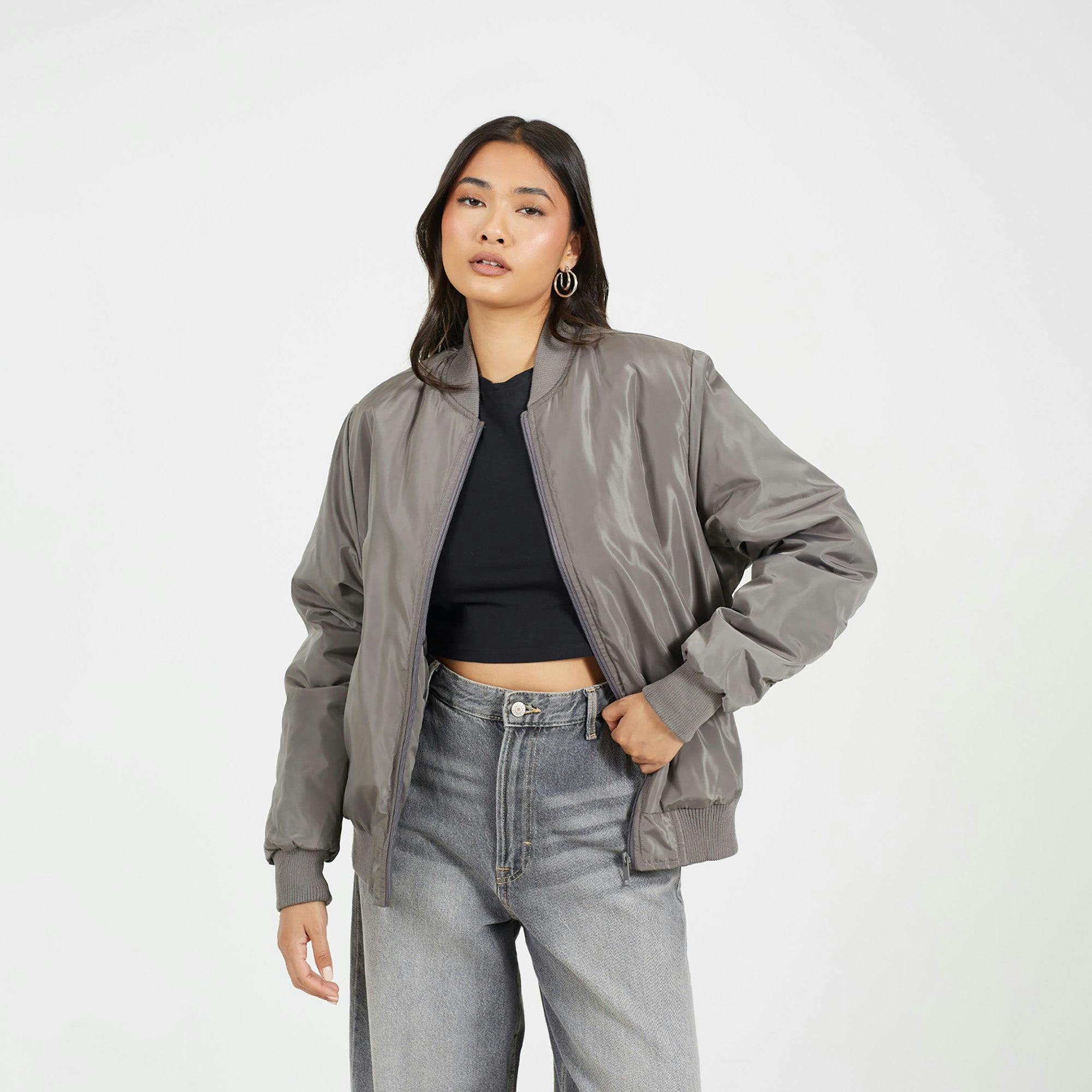 Brave Soul Women's Charcoal Ruched Sleeve Oversized Bomber Jacket In | Size: 14 - Image 3