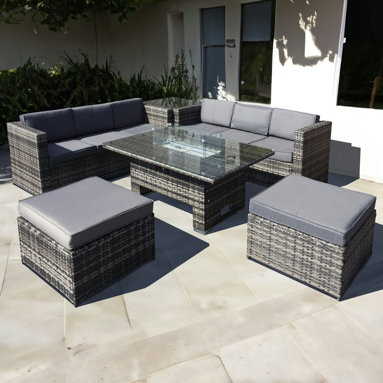 Rackhams Grey Malta Rattan 8 Seat Rising Firepit Corner Set In Walnut With 2 Footstools - Walnut - Pe Rattan - 1
