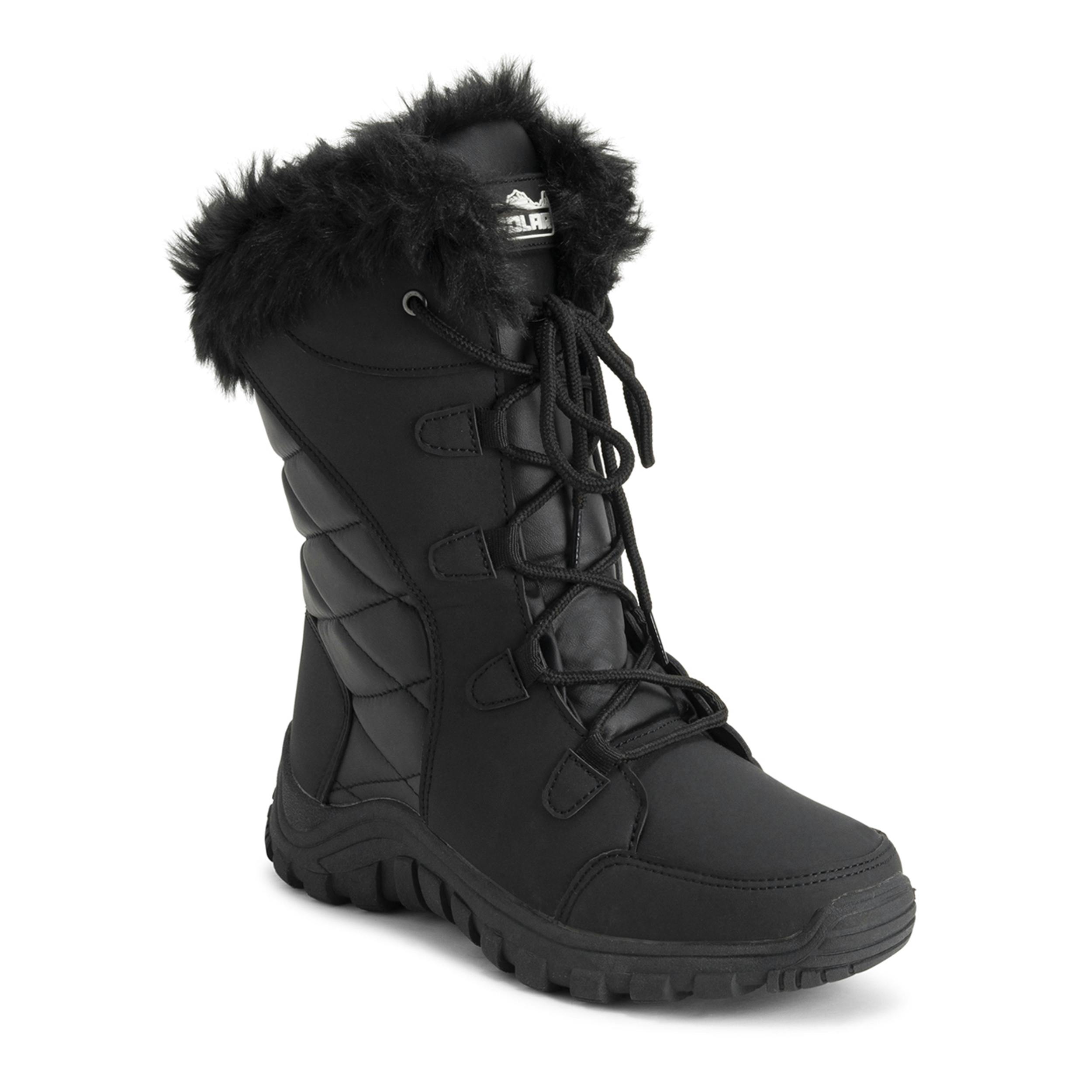 Viva Women's Black Quilted Lace Up Waterproof Outdoor Cuff Snow Rain Boot - 7 - Leather