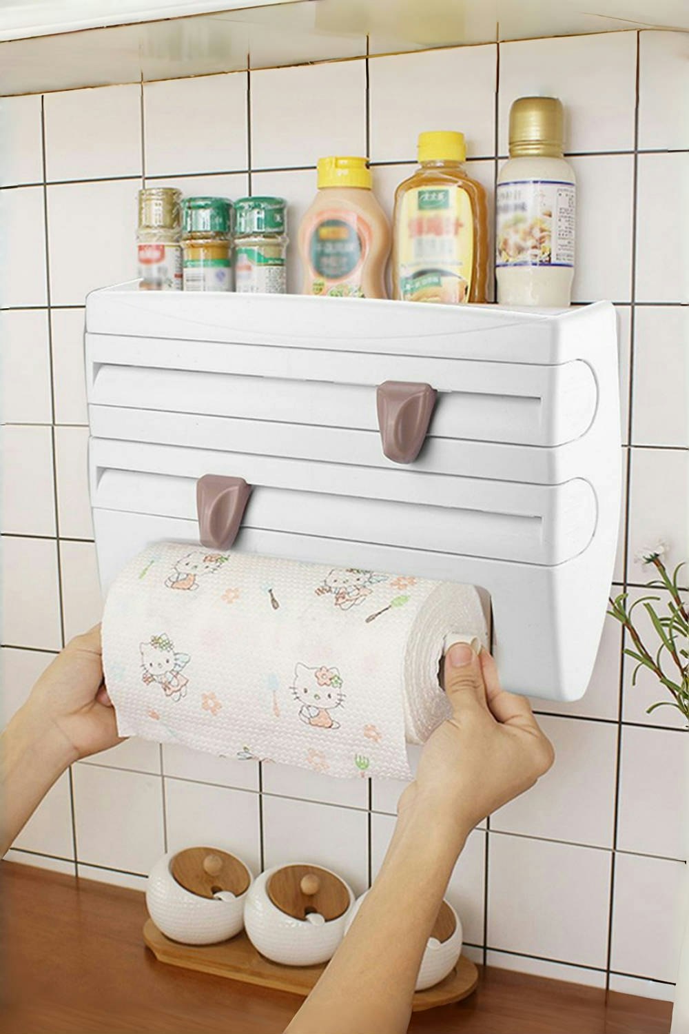 Rackhams White 4-In-1 Kitchen Cling Foil Wrap Dispenser Roll Holder With Cutter Spice Towel Rack
