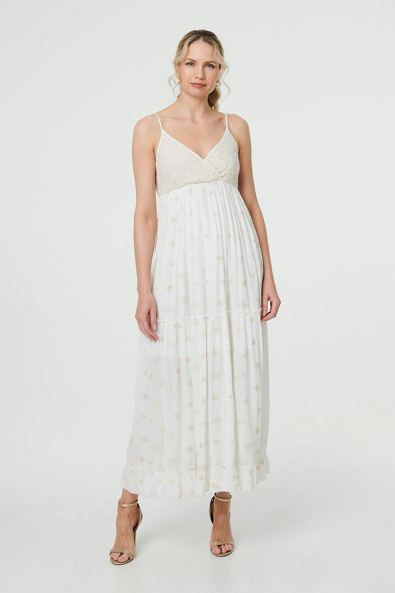 Izabel London White Textured Cami Strap Empire Maxi Dress - 14