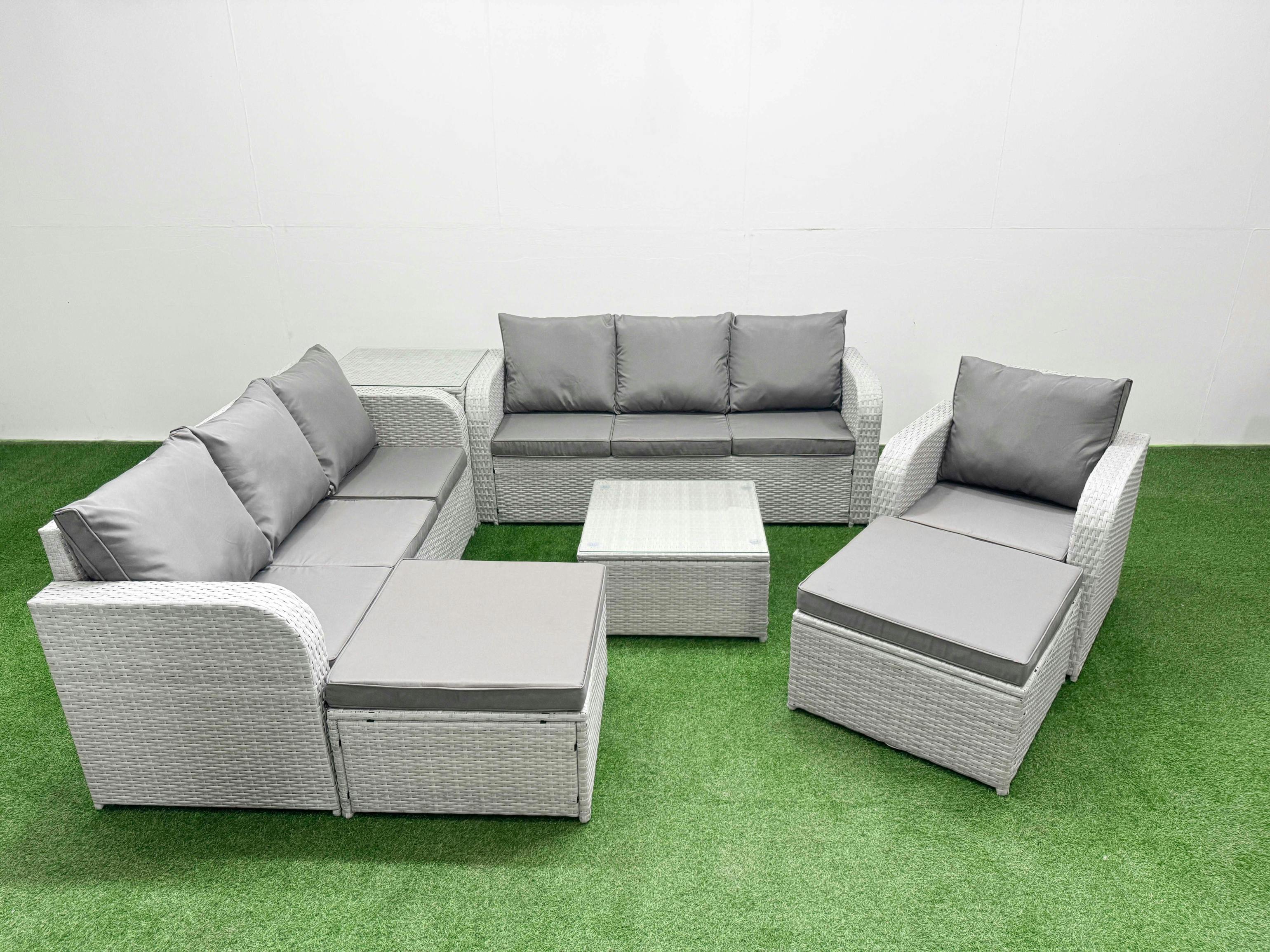 Fimous Light/Grey 9 Seater Wicker Patio Set, Poly Rattan, Square Coffee Table, 2X 3 Seater Sofas, Reclining Chair, 2 Big Footstools And Side Table,