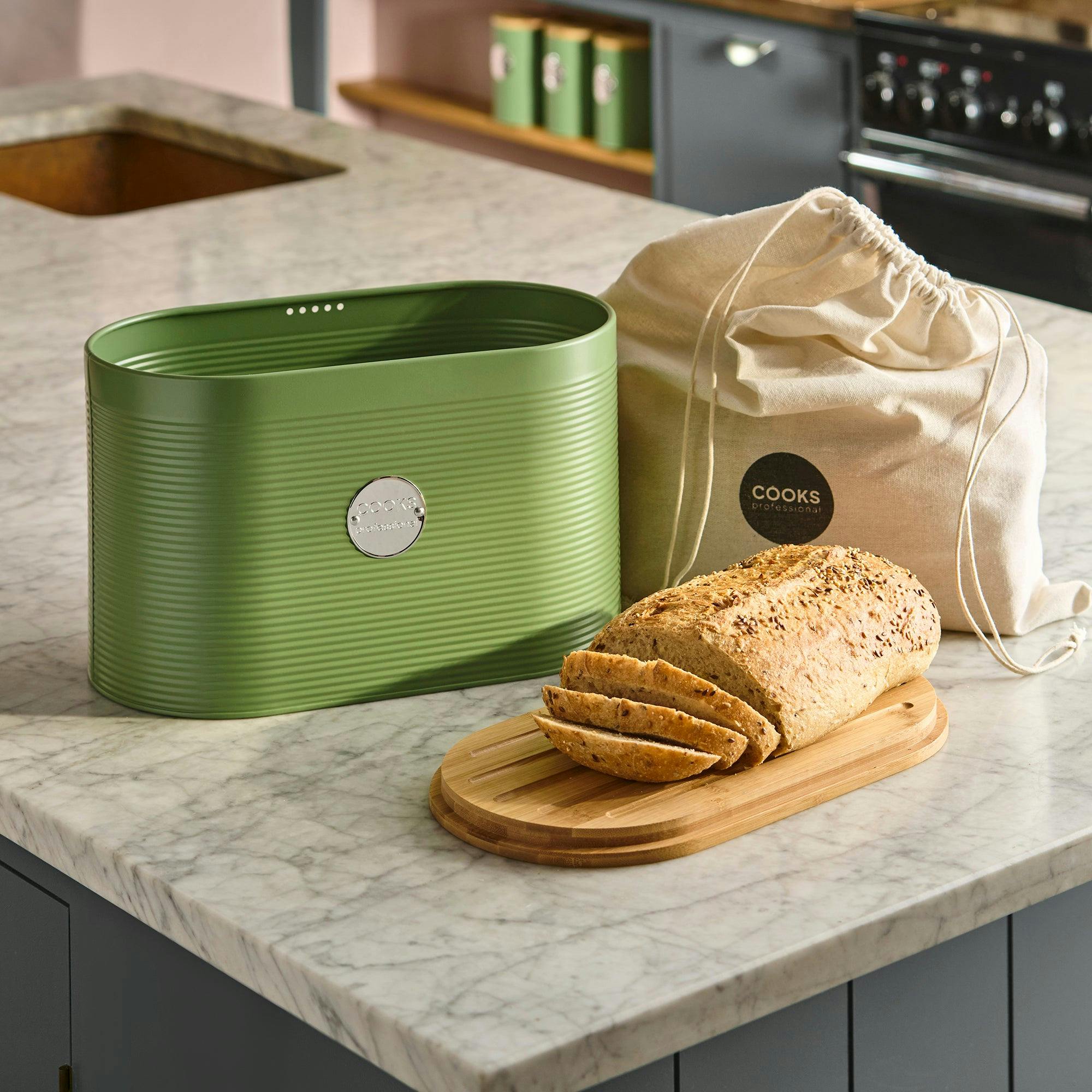 Rackhams Green/Silver Bread Bin, Linen Bag And Bamboo Board Set |
