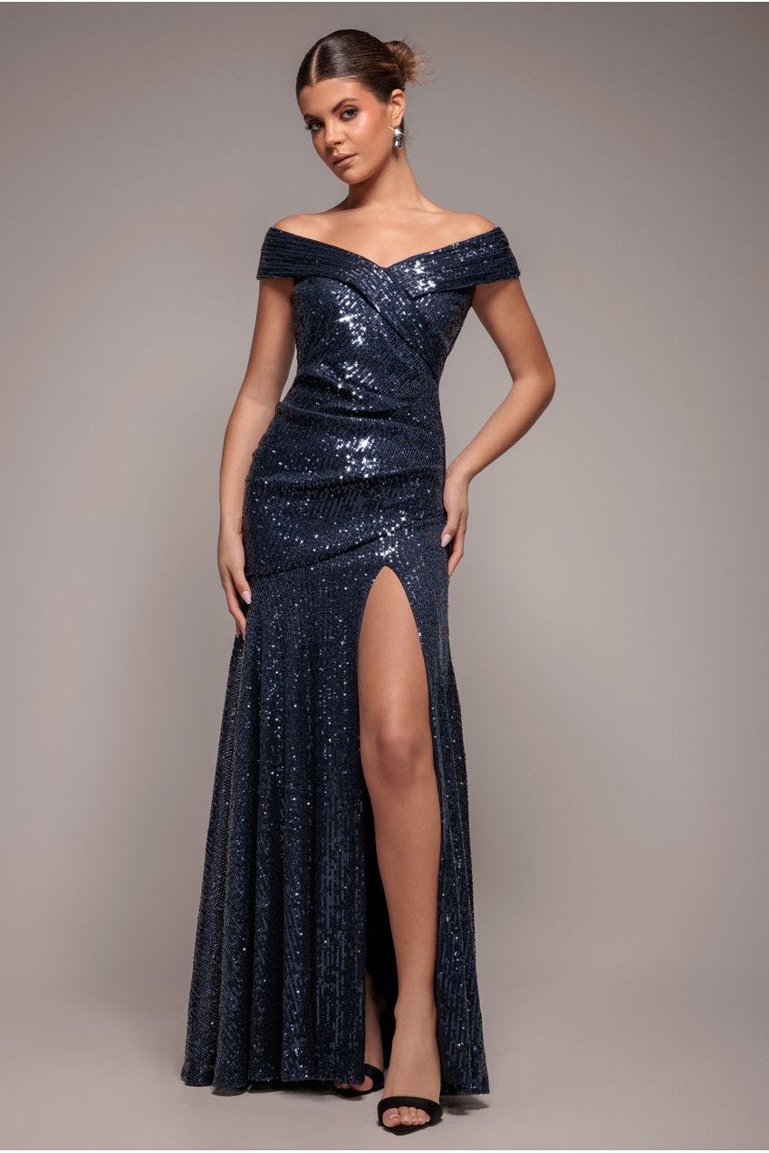 Goddiva Light Bardot Sequin Pleated Maxi Dress - Navy By - Navy - 10