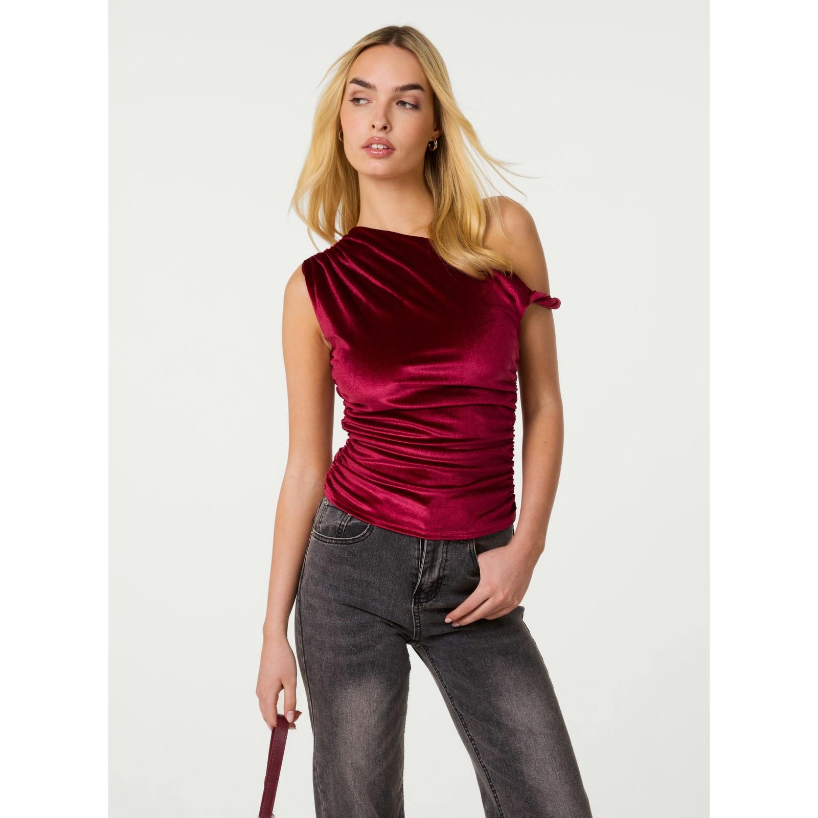 Pink Vanilla Twist Shoulder Velvet Top - M - Wine