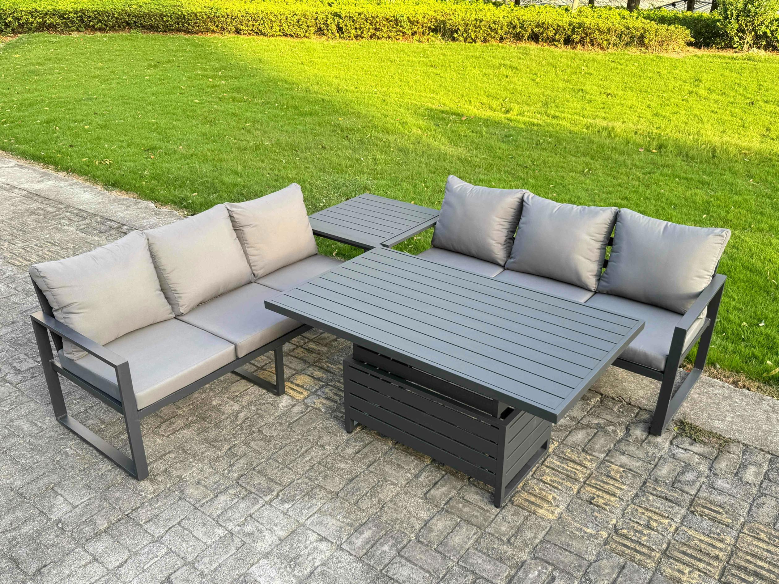 Fimous Dark/Grey 6 Seater Aluminium Garden Furniture Set With Adjustable Rising Dining Table, 2 Sofas, Side Table