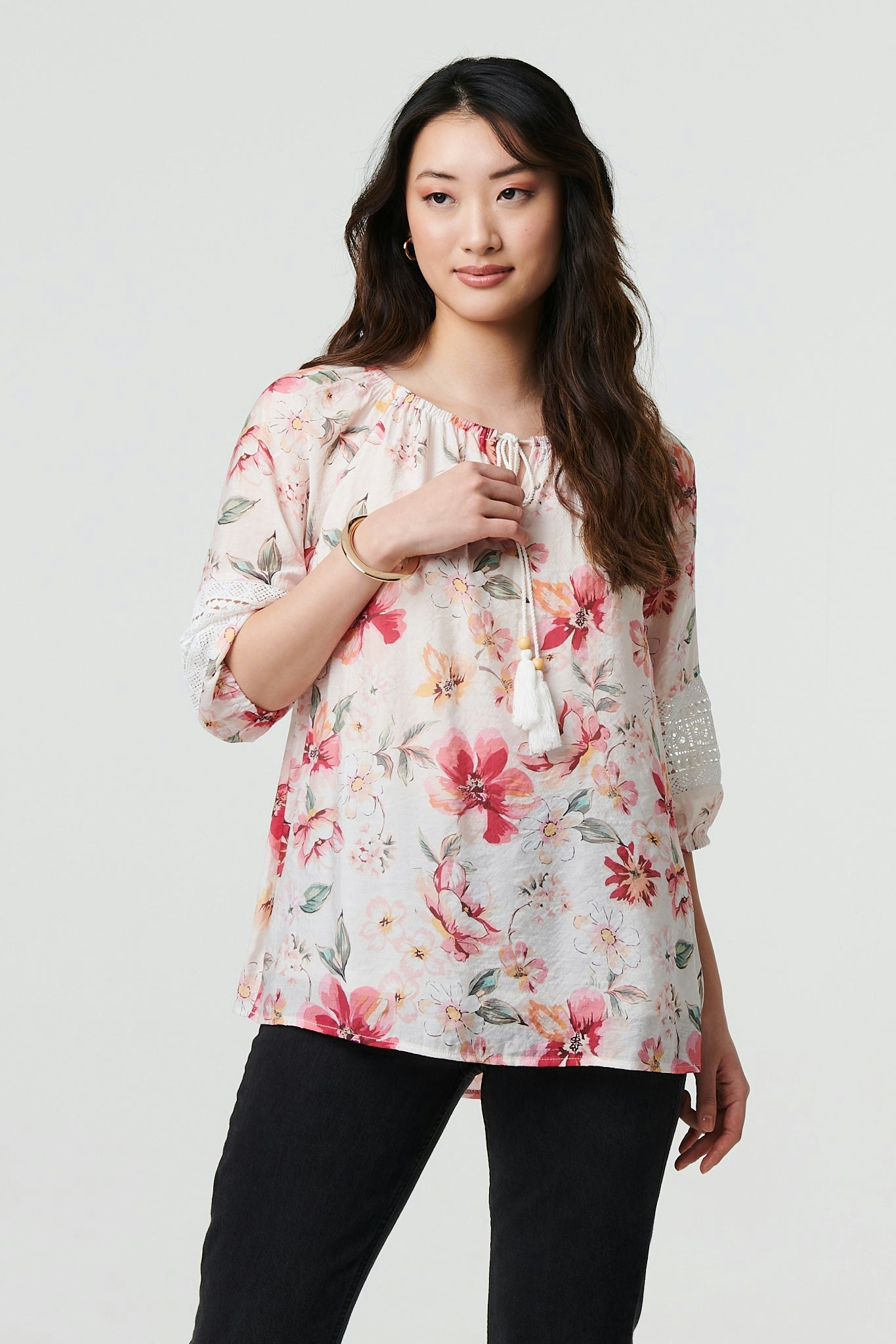 Izabel London Pink Floral Lace Trim Bardot Neck Blouse - 8