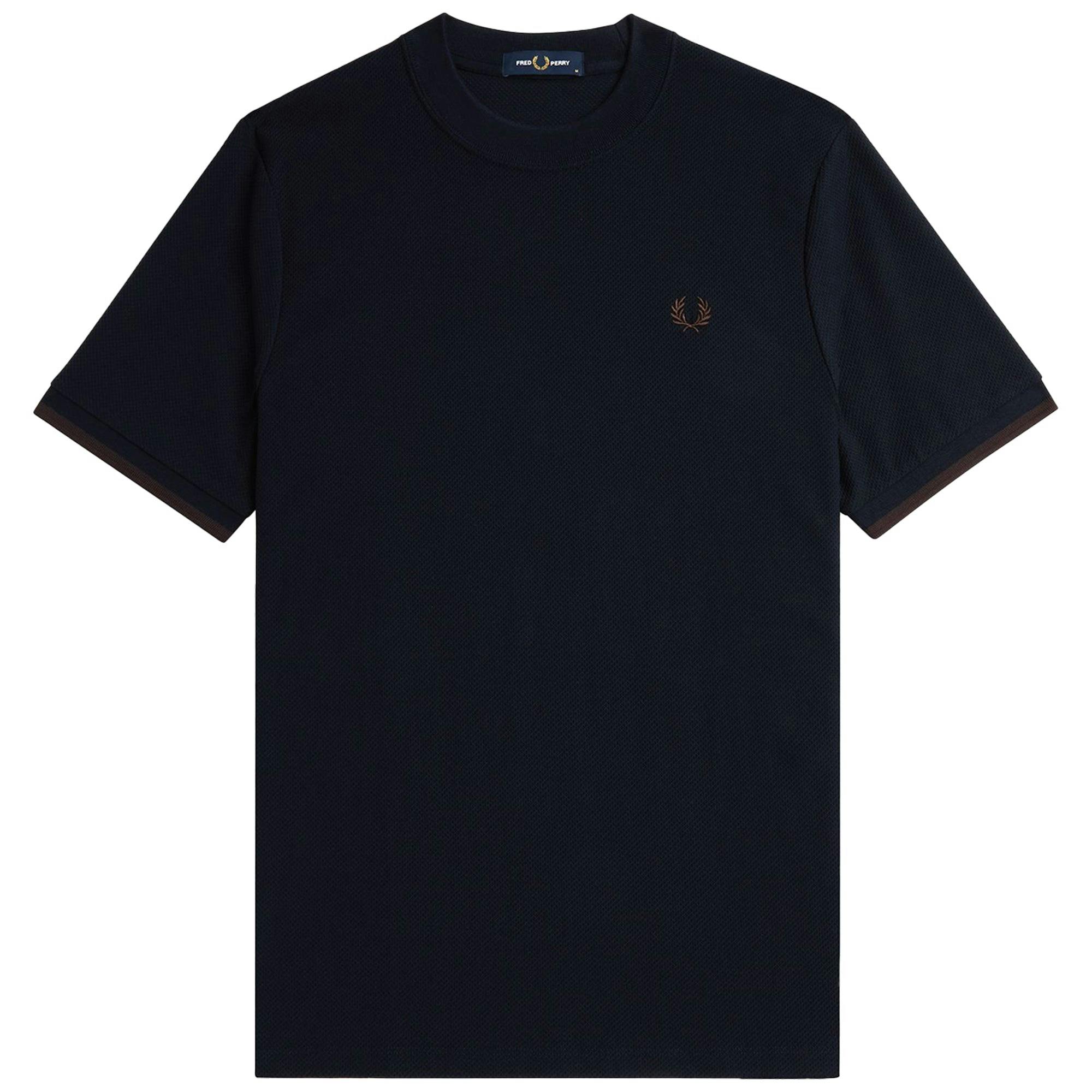 Fred Perry Tipped Cuff Honeycomb Pique T-Shirt - Navy/Carrington Road Brick - Small