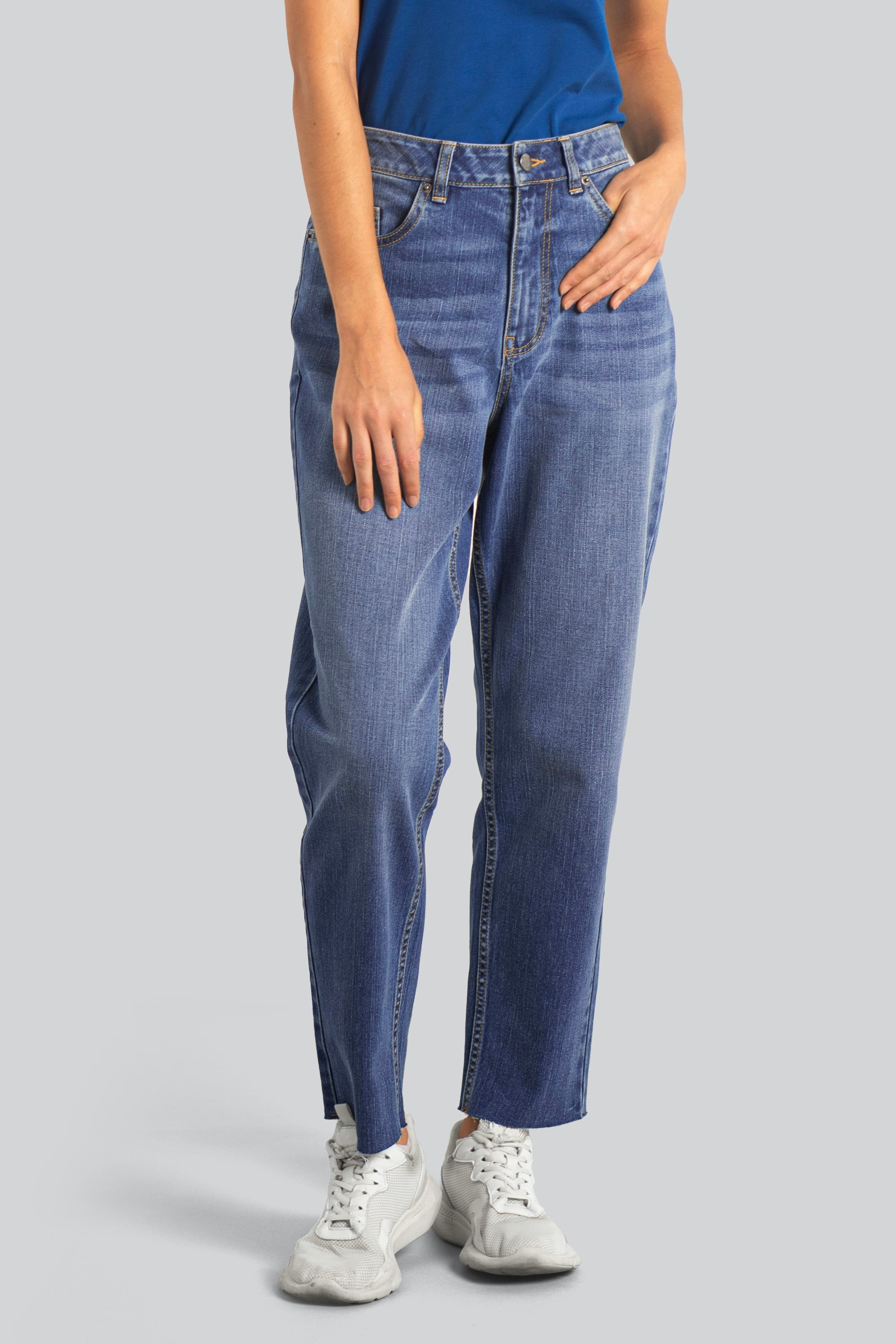 Enorsia Women's Blue Mom Fit Raw Edge Jeans - 10 - 99% Cotton, 1% Spandex