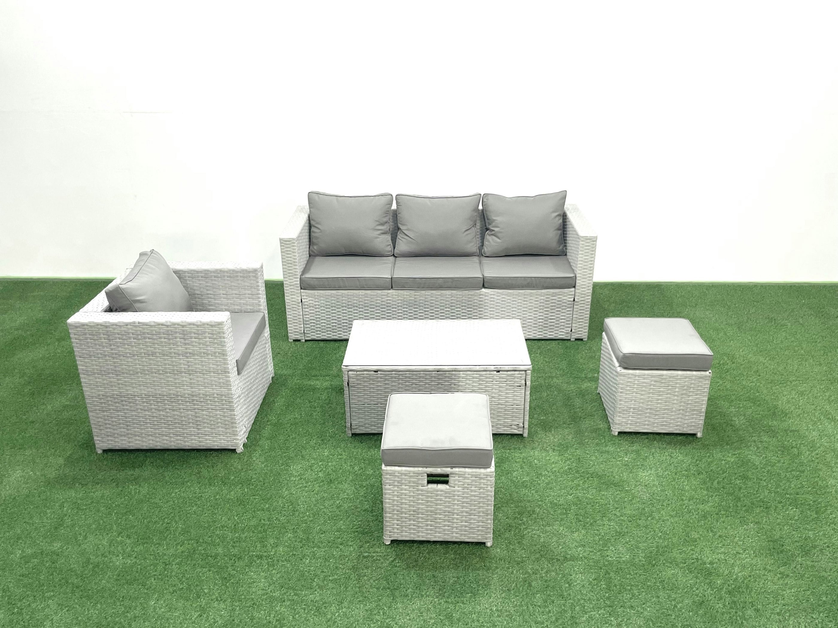 Rackhams Light/Grey Rattan Garden Furniture Set With 3 Seater Sofa Chair Rectangular Coffee Table Big Footstool Mixed 6 Seater