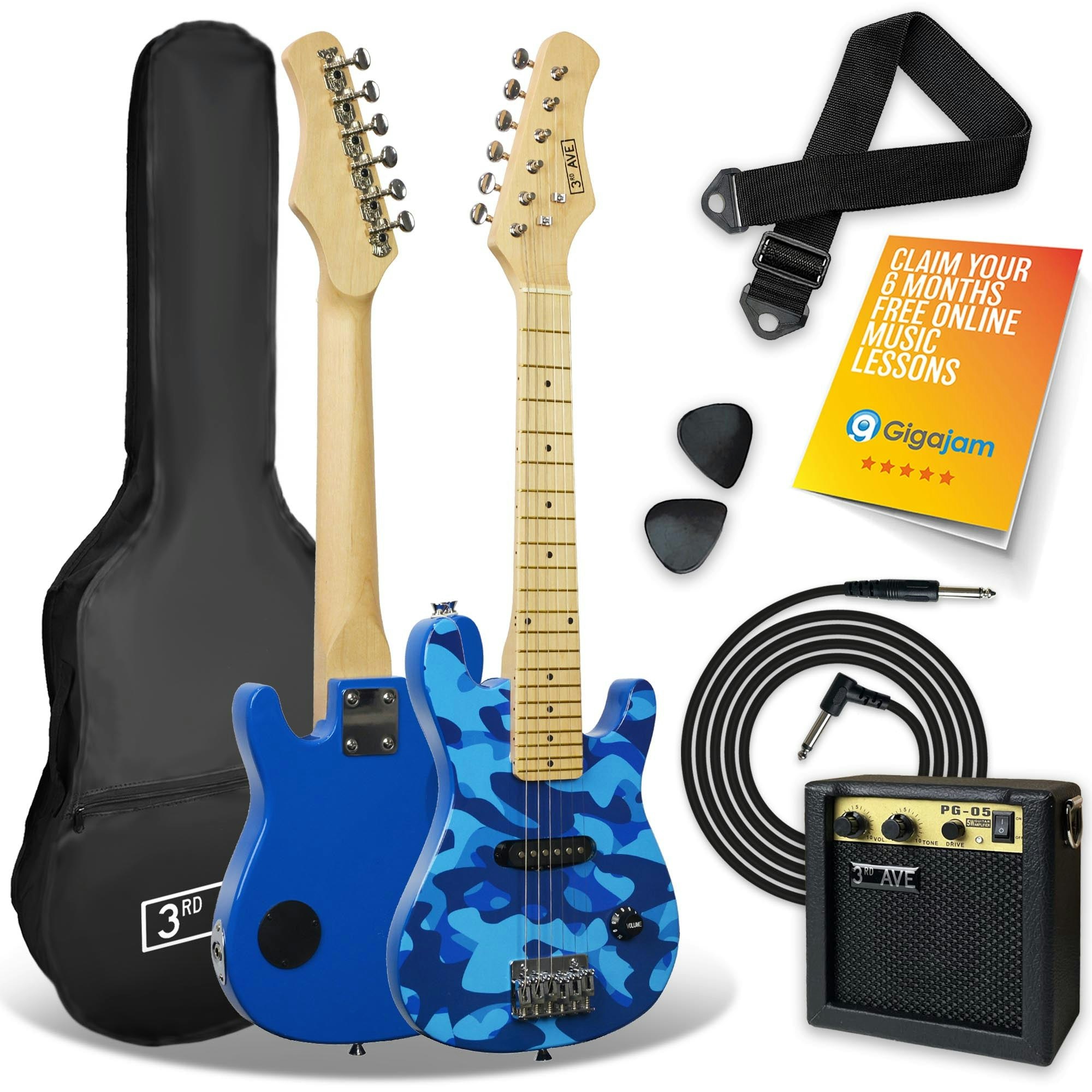 3rd Avenue Blue Camo Junior Electric Guitar Set - Maple Neck - Single Coil Pickup - Includes Amp, Gig Bag, Strap, Picks - Image 8