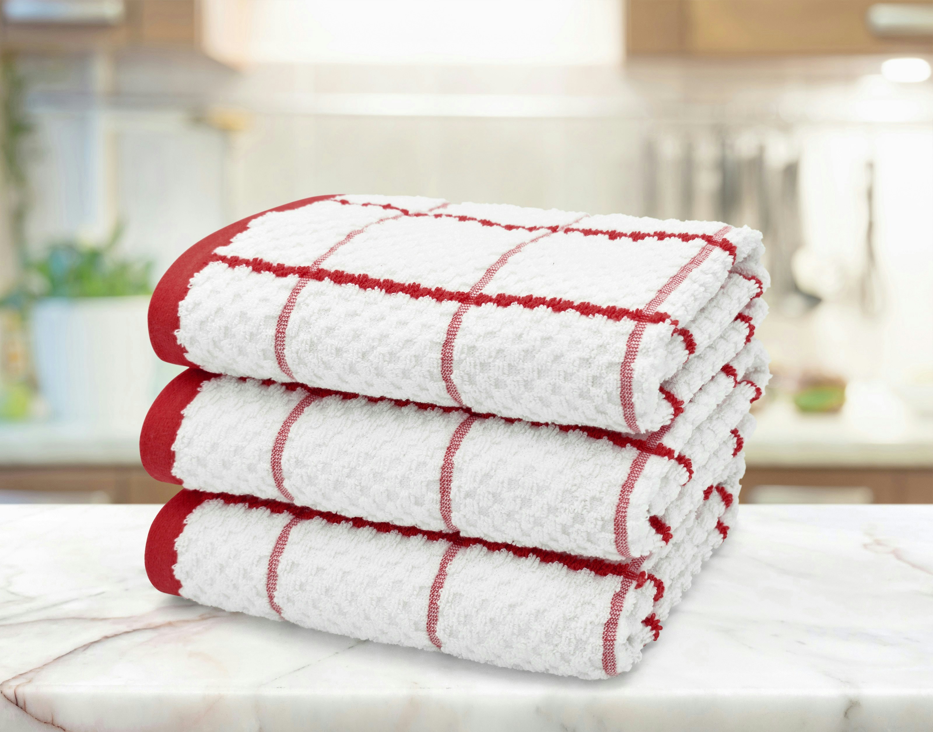 Rackhams Red Embroiderd Woven Checked Cotton Tea Towel 3 Pack - One Size