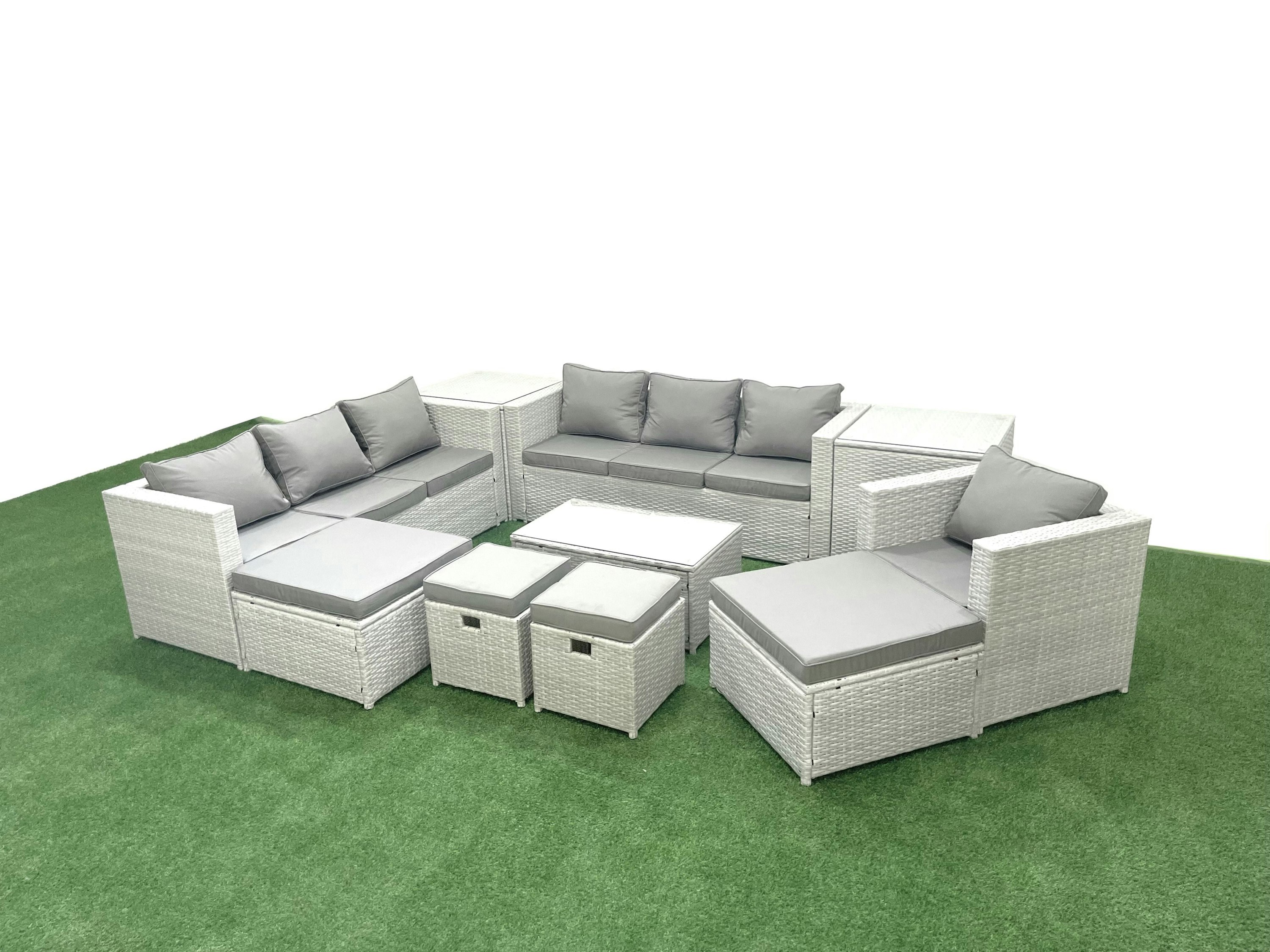 Rackhams Light/Grey 10 Pieces Rattan Garden Furniture Set Outdoor Garden Sofa Chair Coffee Table Set With 2 Side Tables 4 Footstools Mixed