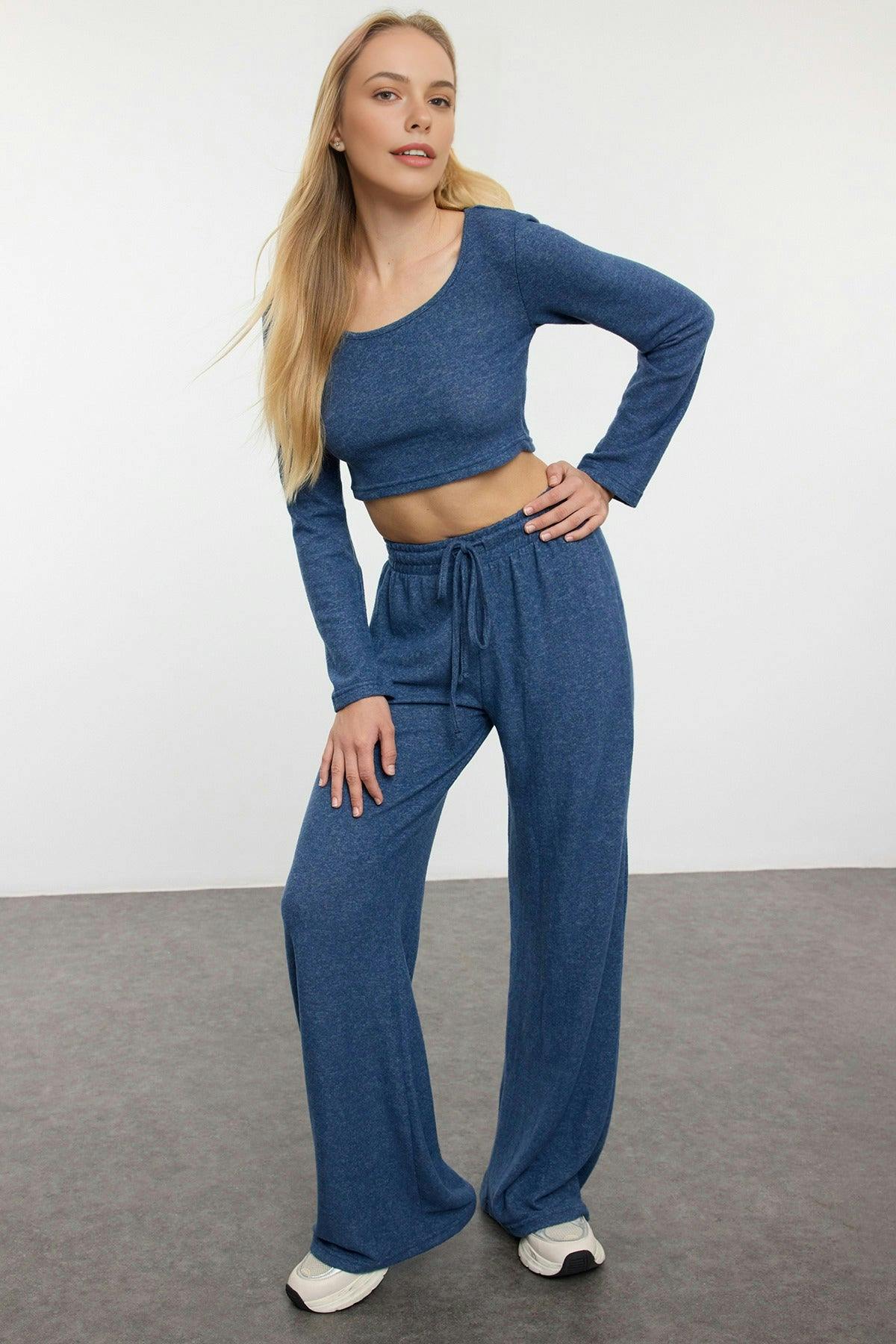 Wovcor Indigo 2-Piece Soft Crop Top & Wide Leg Knit Set - Xs