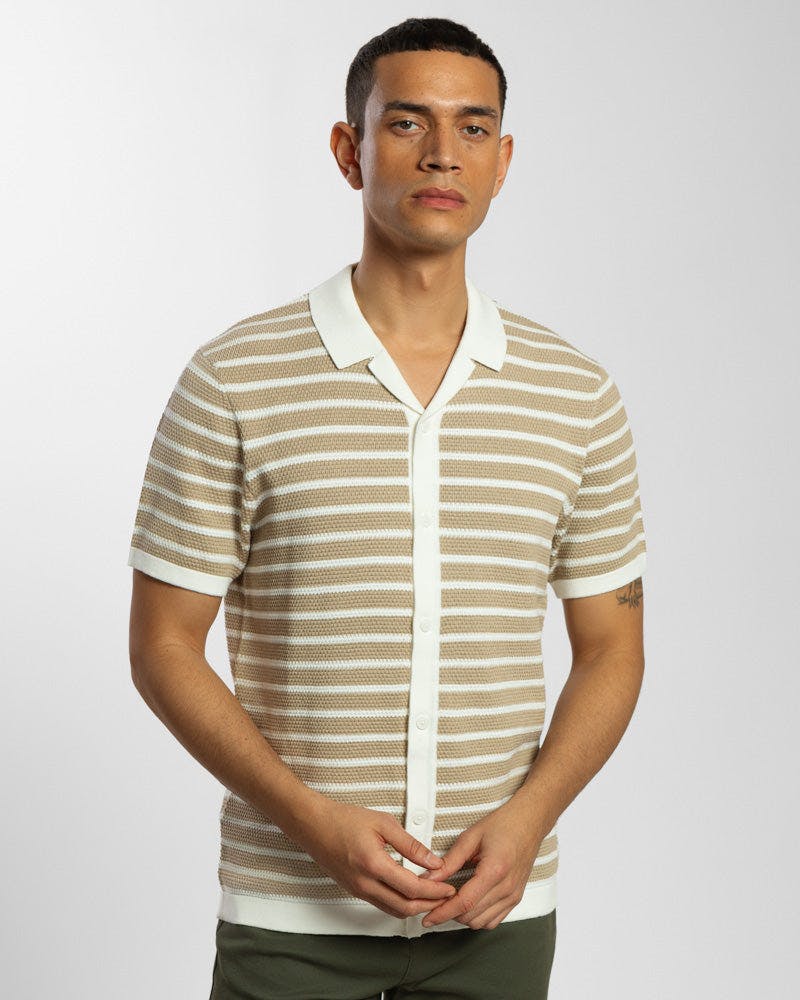 Steel & Jelly Large Stripe Knitted Button Polo Shirt - Stone - Xl