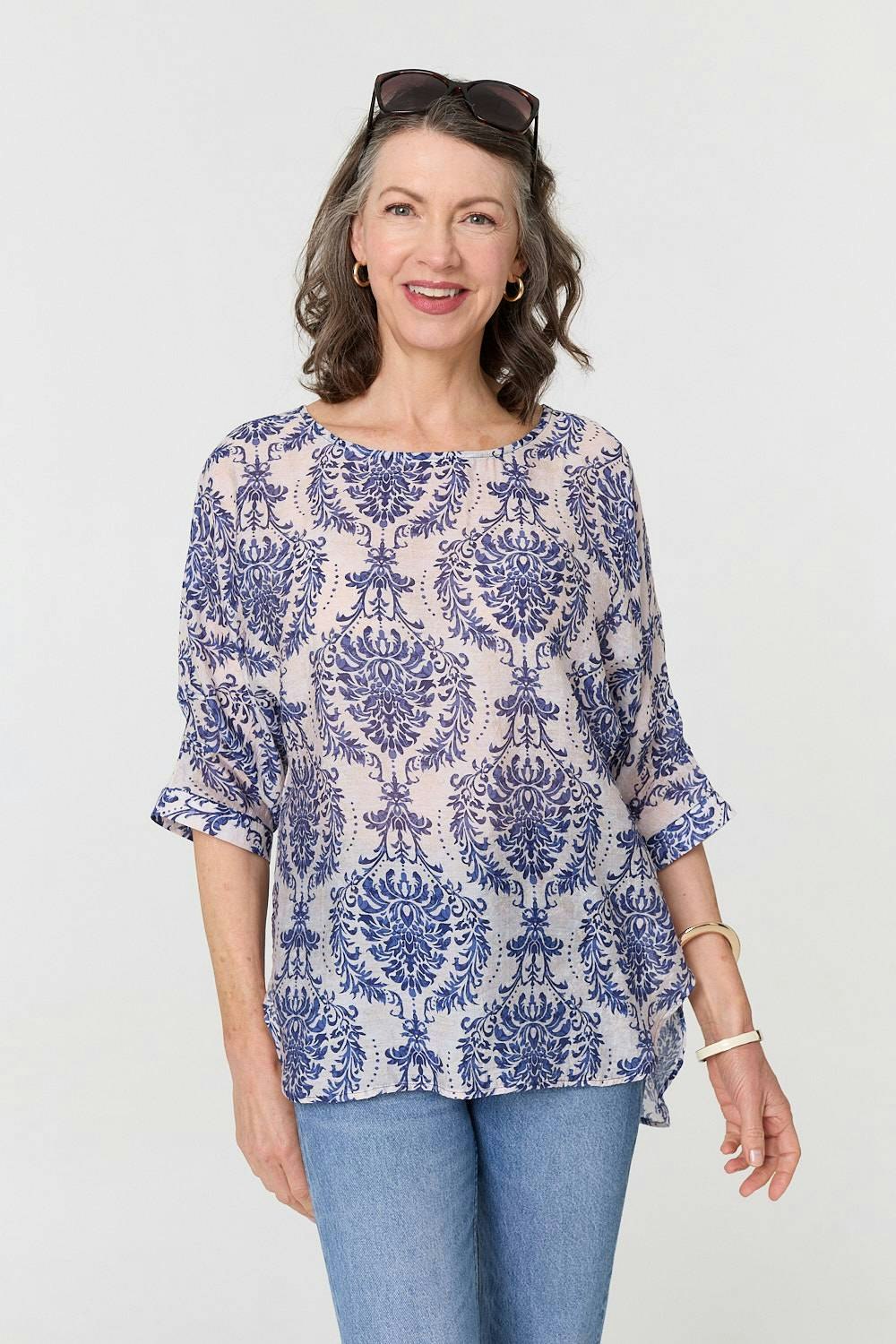 Izabel London Blue Baroque Print 3/4 Sleeve Relaxed Blouse - 10
