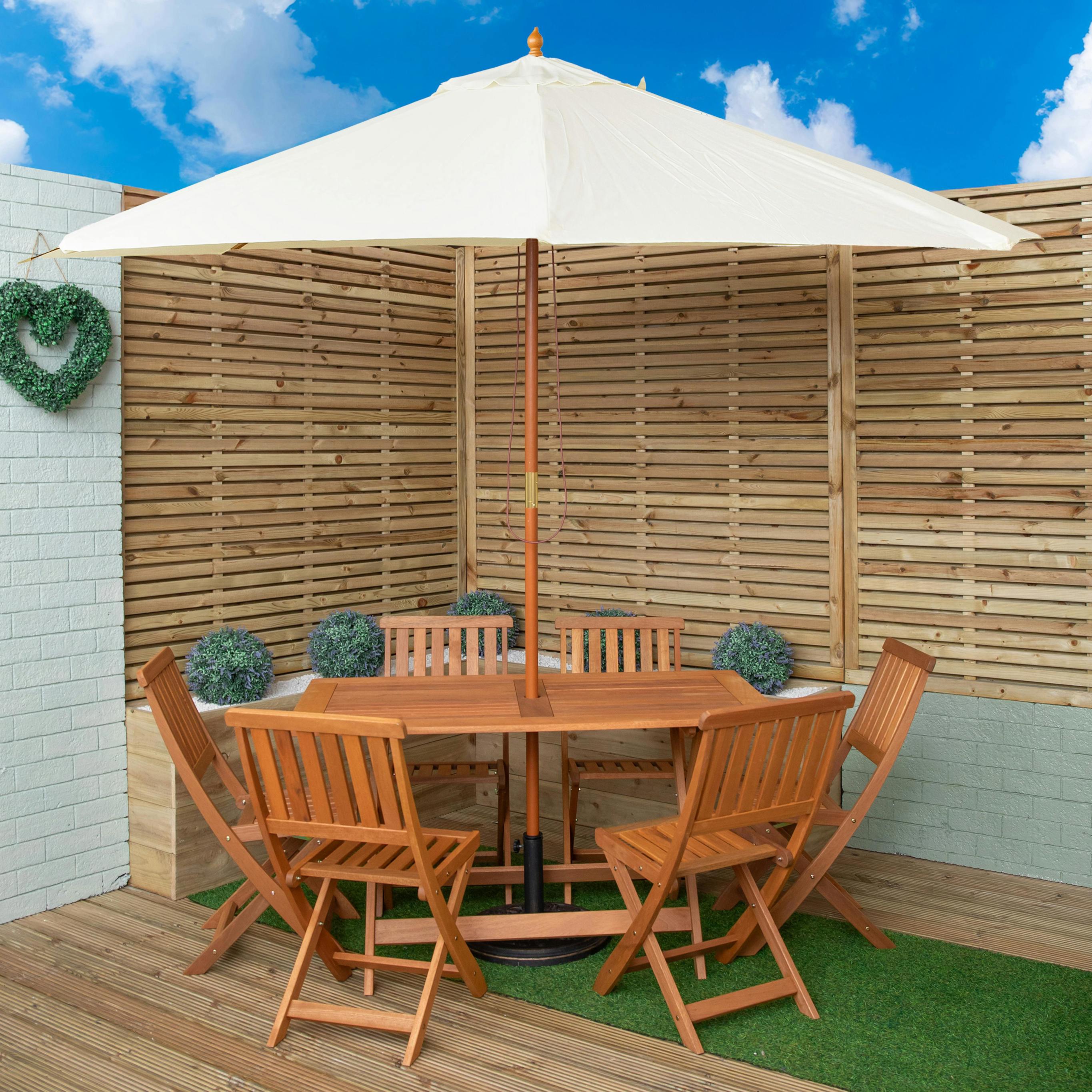 Rackhams Cream Outdoor 6 Person Folding Rectangular Wooden Garden Dining Table Chairs Parasol And Base Set - Outdoor Furniture Sets
