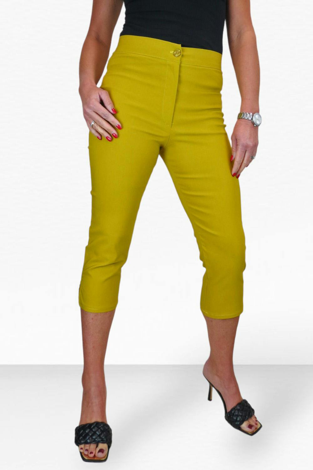 Paulo Due Women's Yellow Slim Cropped Capri Stretch Trousers - 22