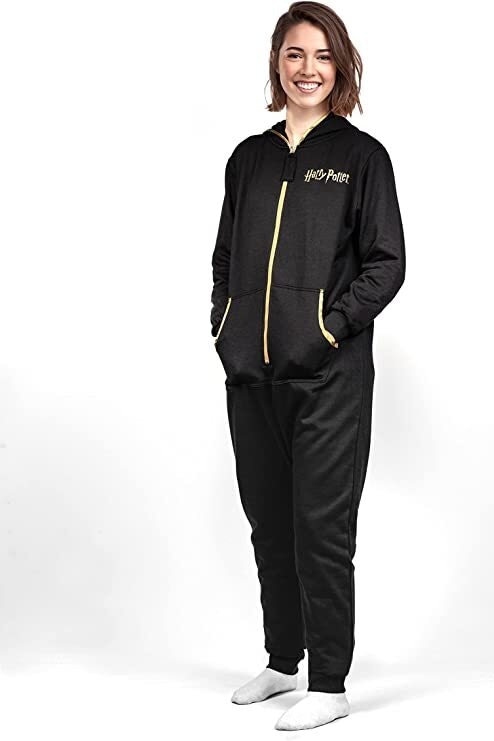 Groovy Women's Black/Gold Harry Potter Hogwarts & Hooded Jumpsuit - Polycotton - One Size