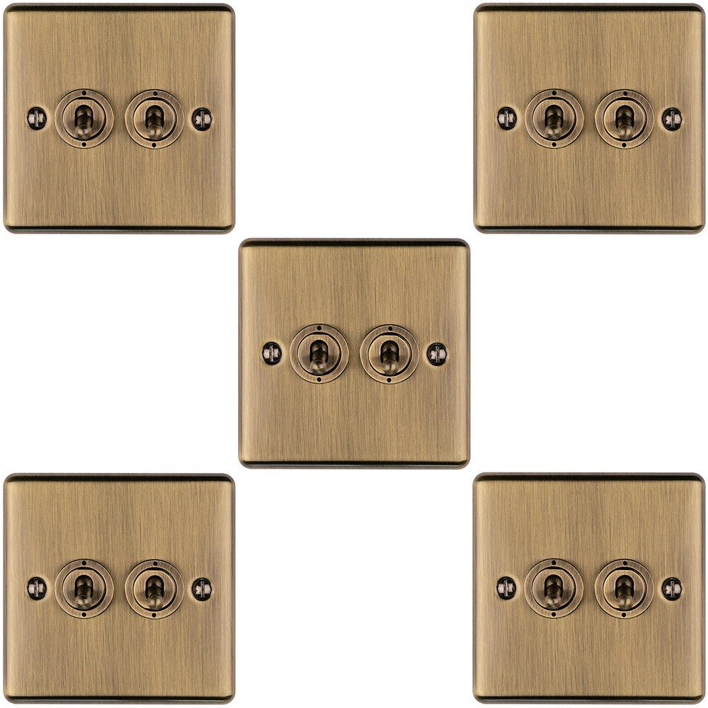 Rackhams Light Pack 2 Gang Double Retro Toggle Switch Antique Brass 10A 2 Way Plate Size 5