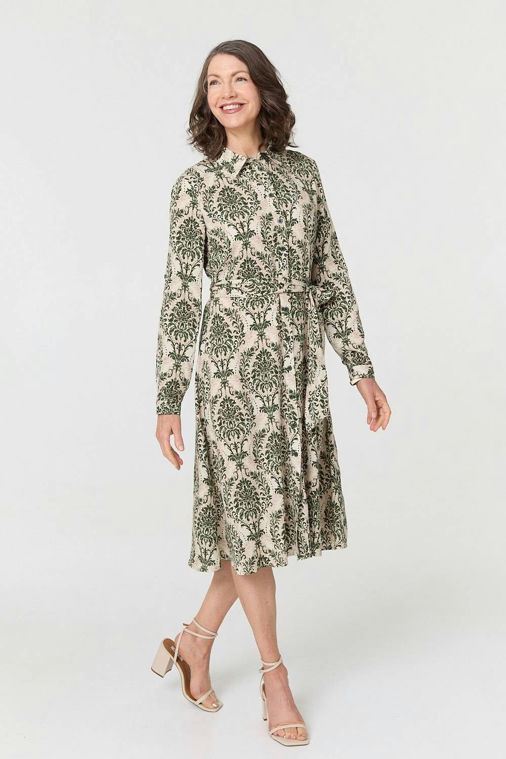 Izabel London Green Baroque Print Tie Waist Midi Shirt Dress - 12