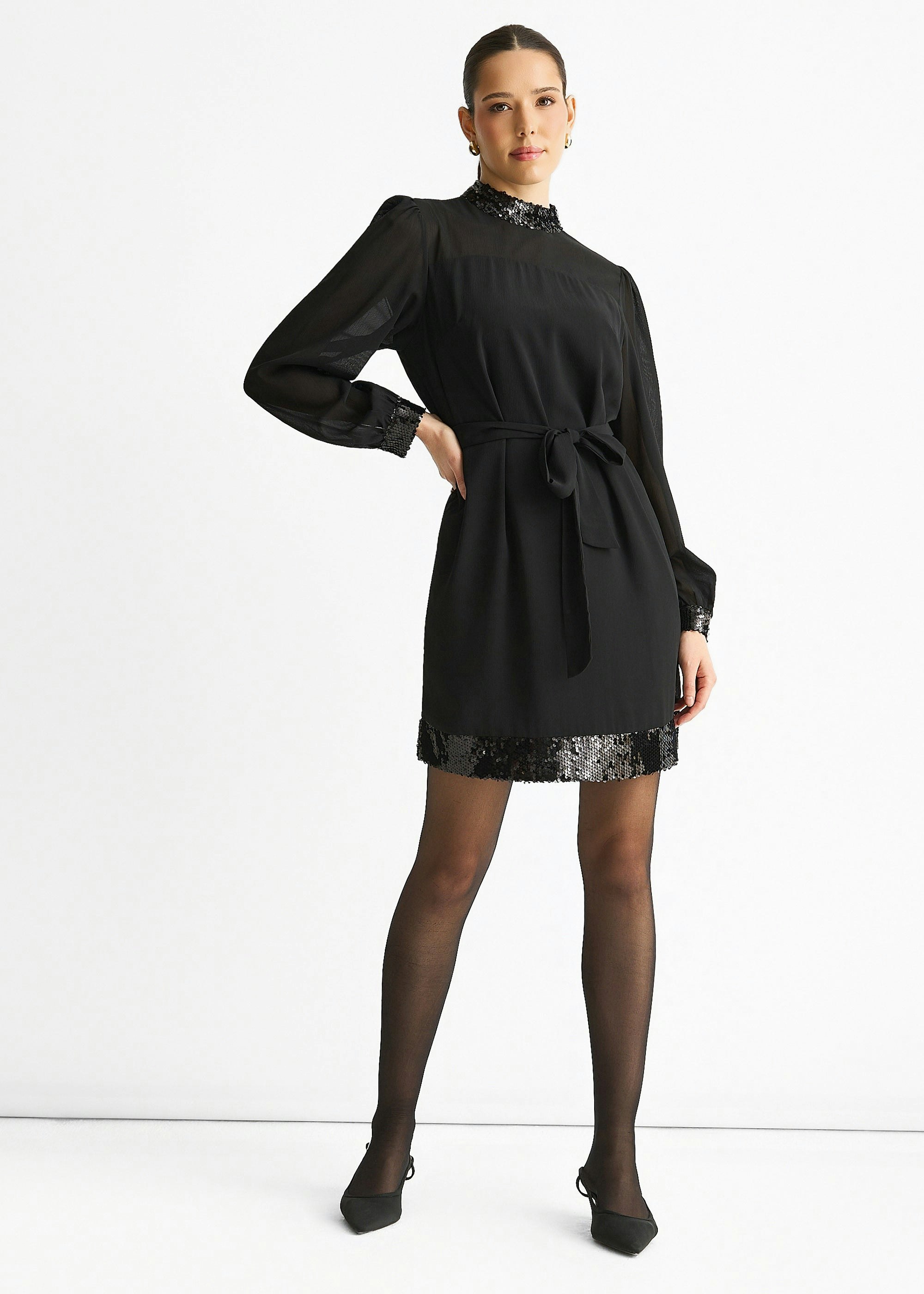 Gini London Black Sequin Trim High Neck Belted Mini Dress - Uk 8 / Us 4 / Eu 36