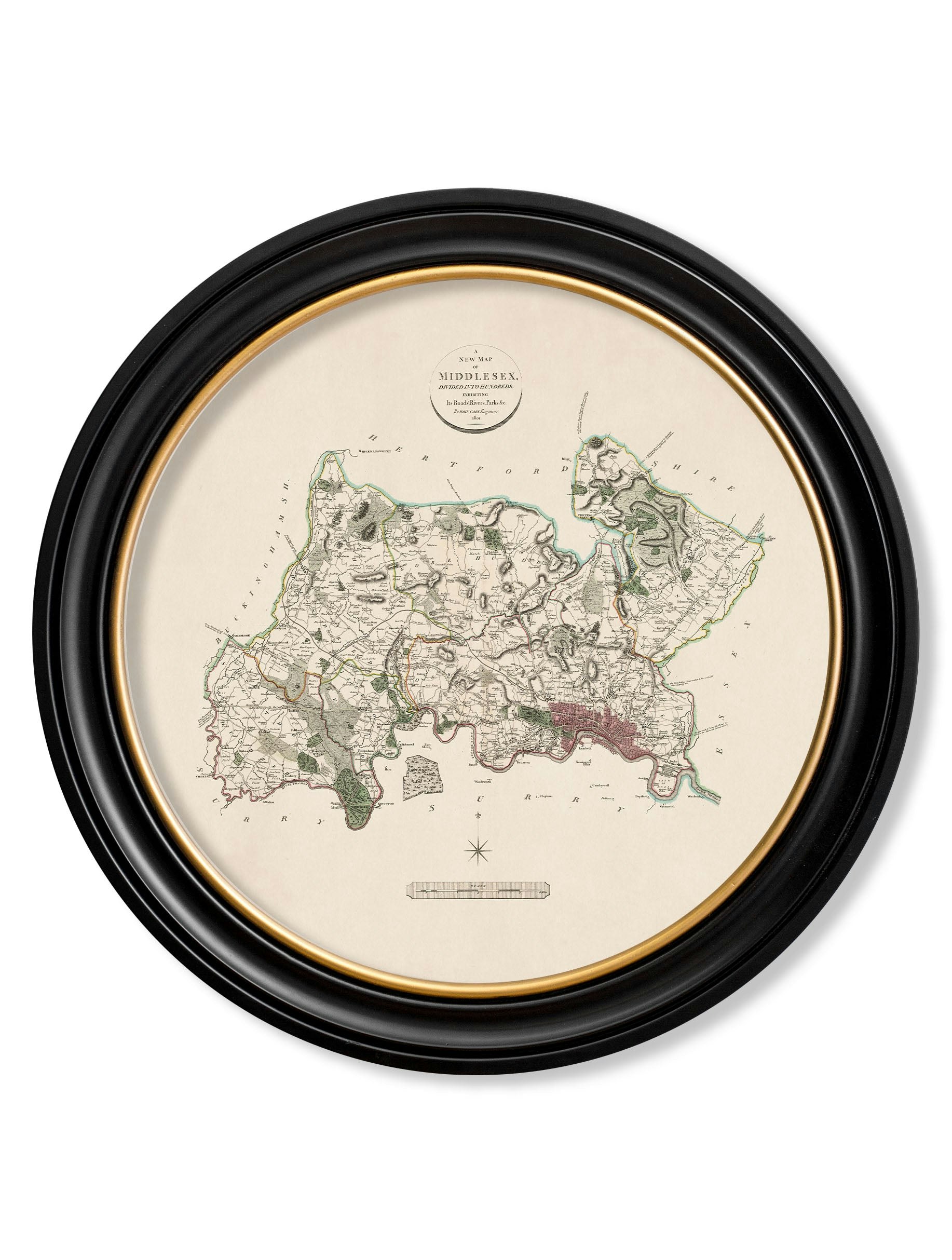Exceptional Art Black C.1806 County Maps Of England - Round - 96 X 96Cm - Middlesex