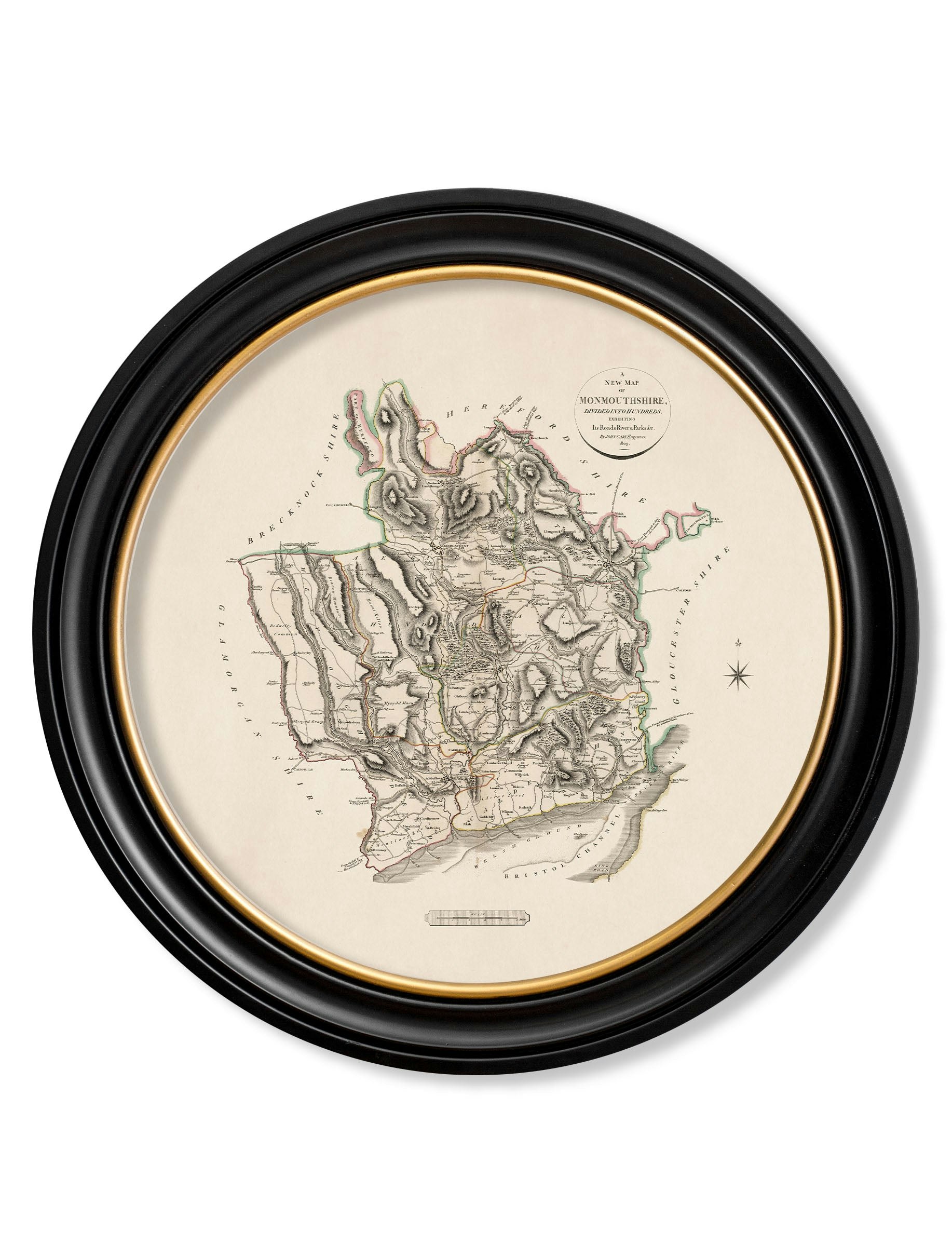 Exceptional Art Black C.1806 County Maps Of England - Round - 96 X 96Cm - Monmouthshire