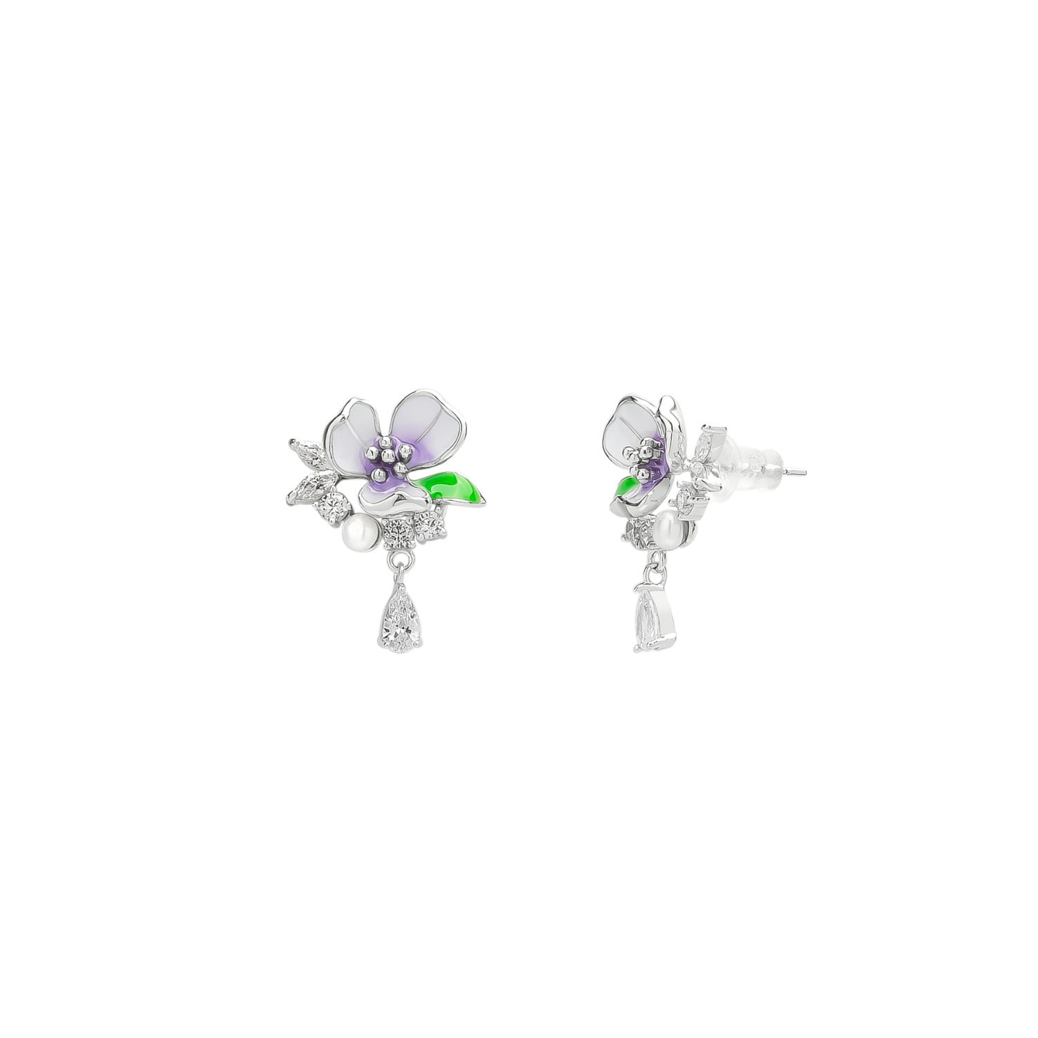 Spero London Silver Pansy Violet Floral Earring In Sterling