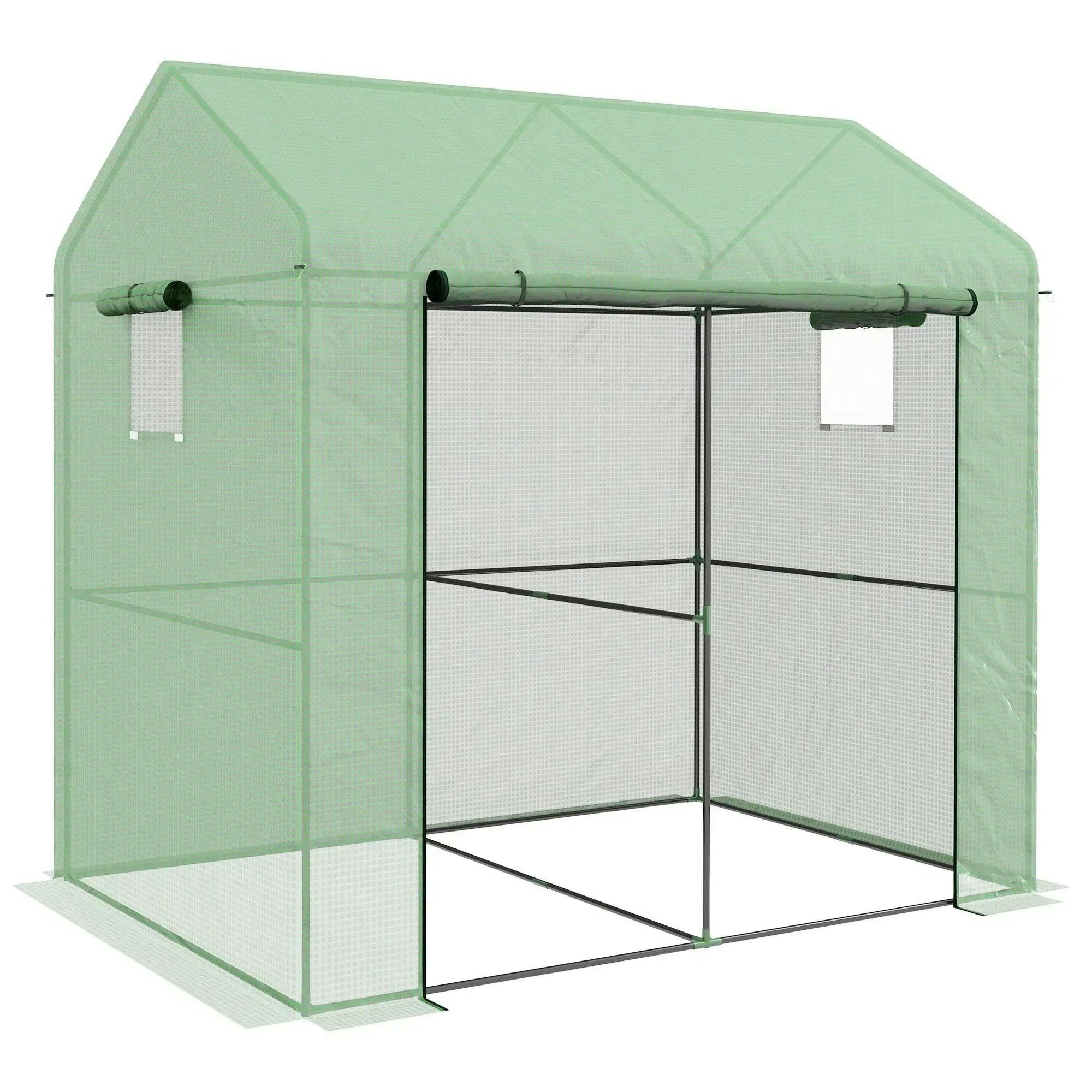 Outsunny Unisex Green Walk-In House With Roll-Up Door And Mesh Windows, 200X140x200cm - Image 4