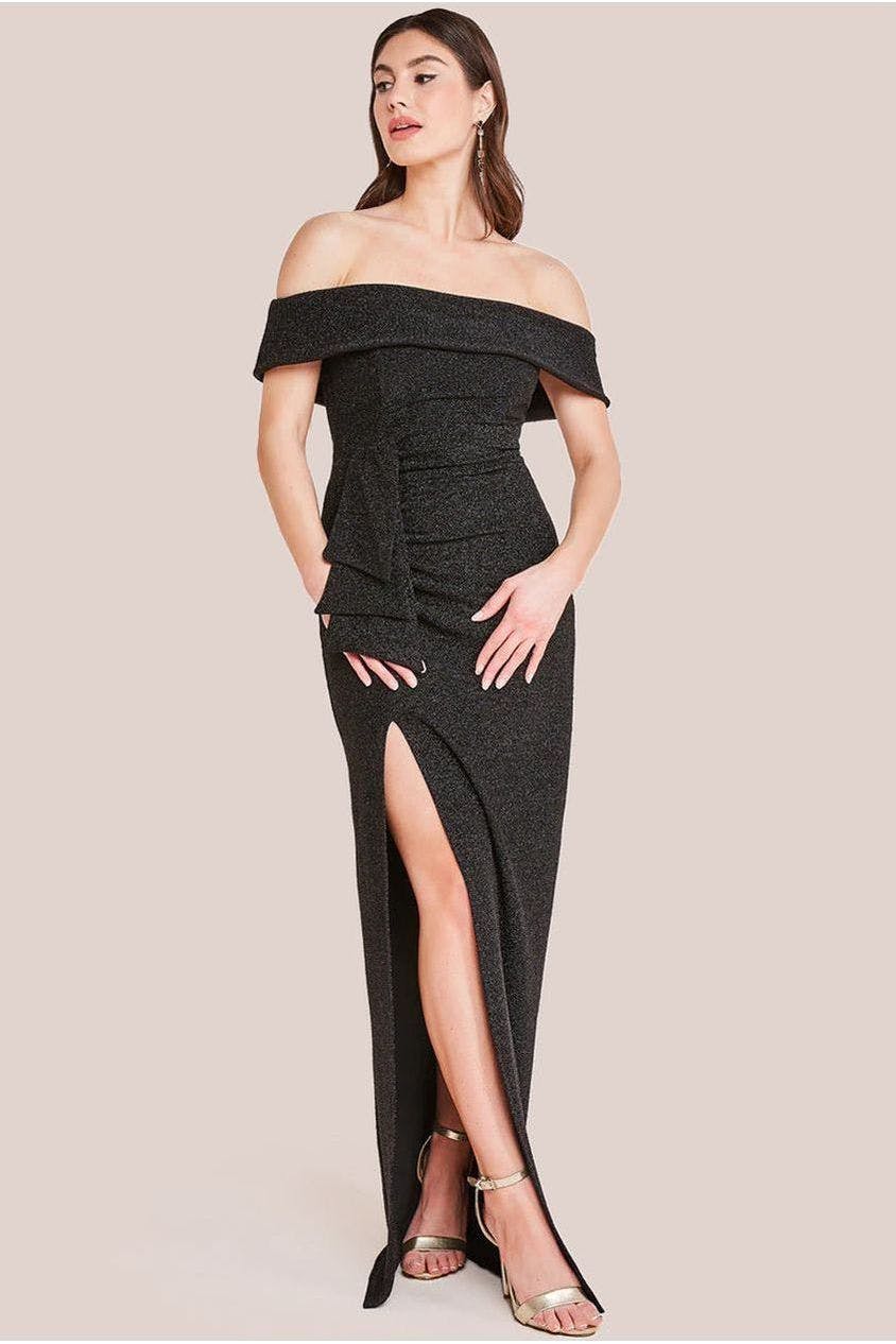 Goddiva Black Sparkle Bardot Maxi With Waterfall Ruffle - By - 10