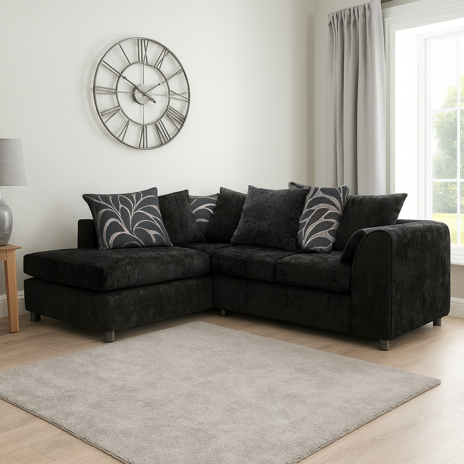 Furnishings For Less Black Zina Chenille Fabric Corner Sofa - Left Hand Facing