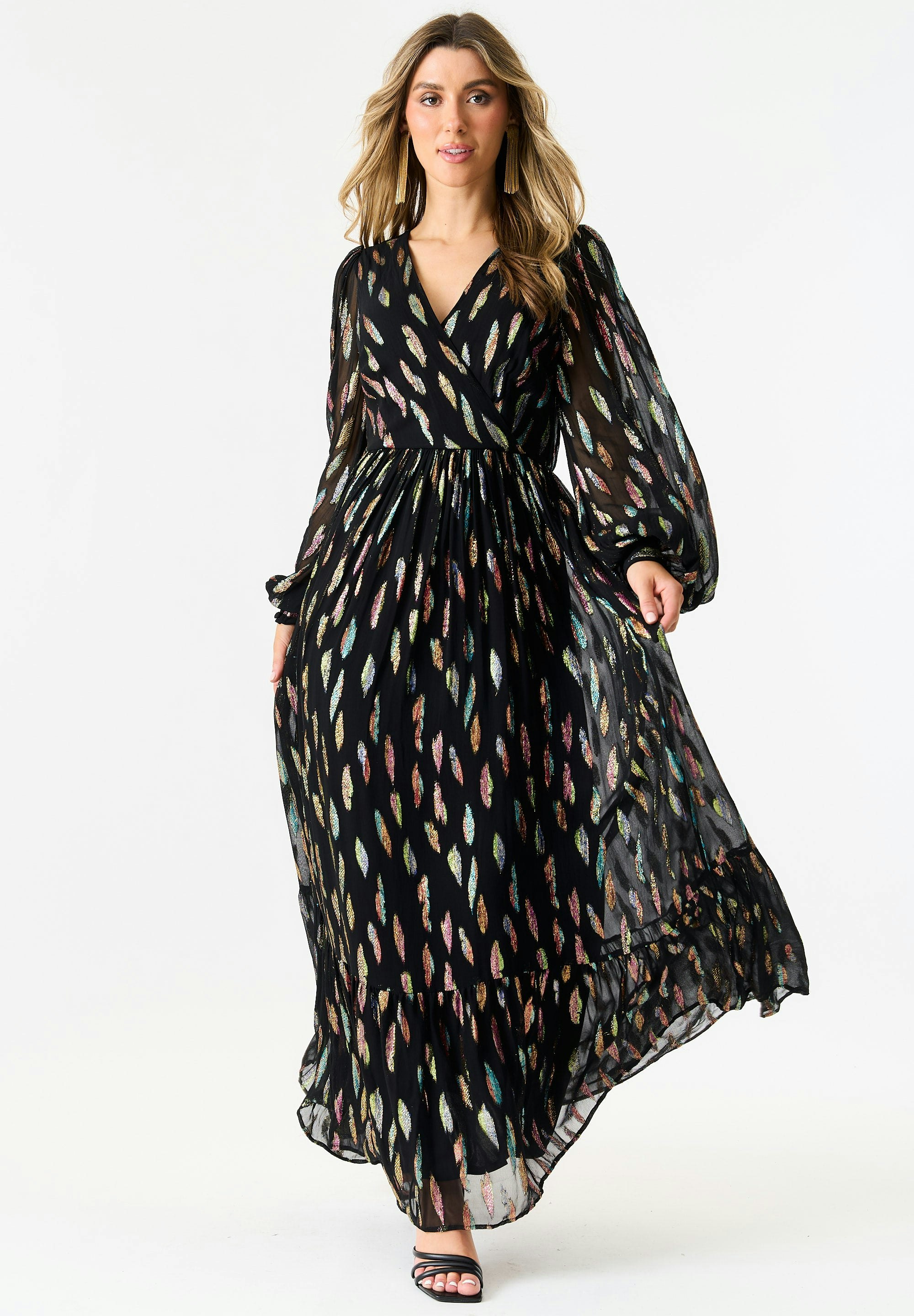 Gini London Black Metallic Print Full Sleeve Maxi Dress - Uk 10 / Us 6 / Eu 38