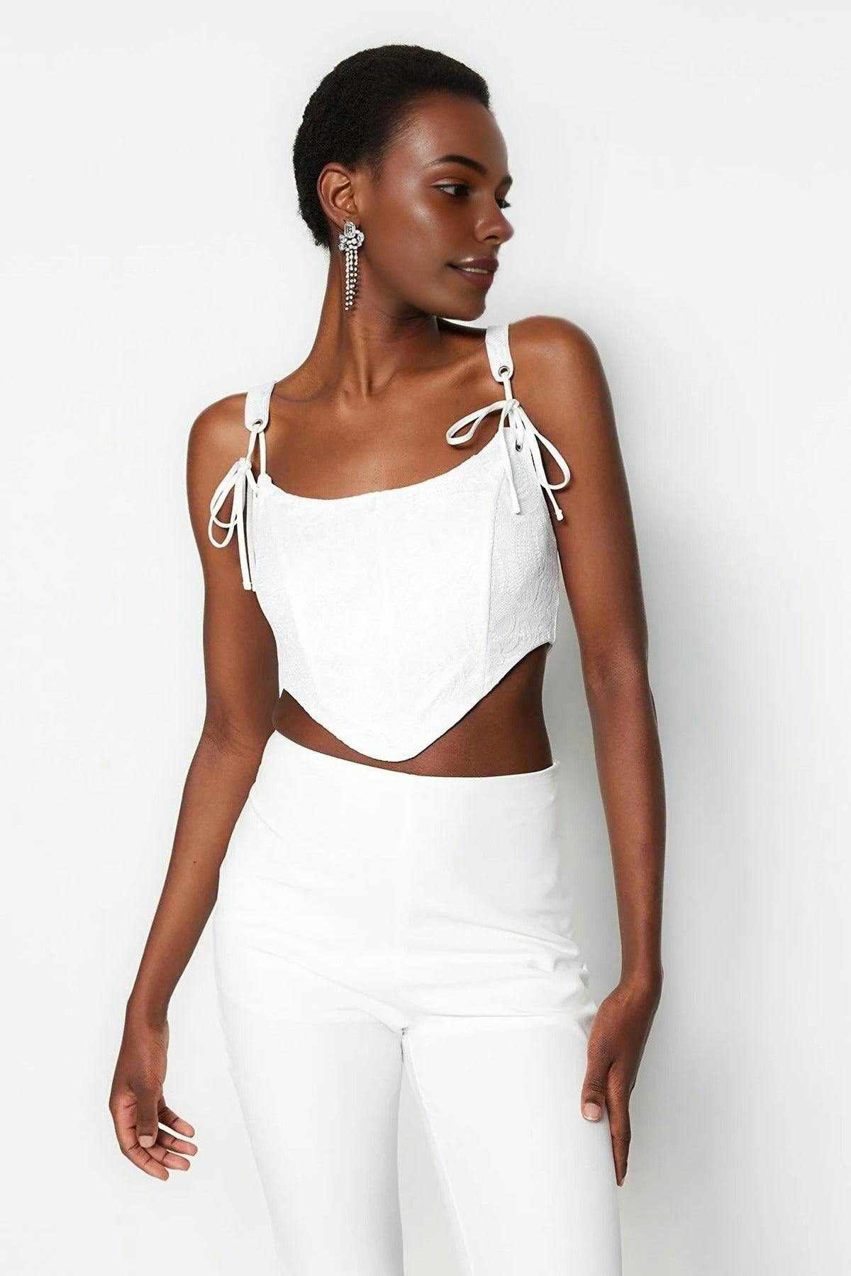 Wovcor Crop Lined Corset Detail Knitted Lace Bustier - Ecru - 6