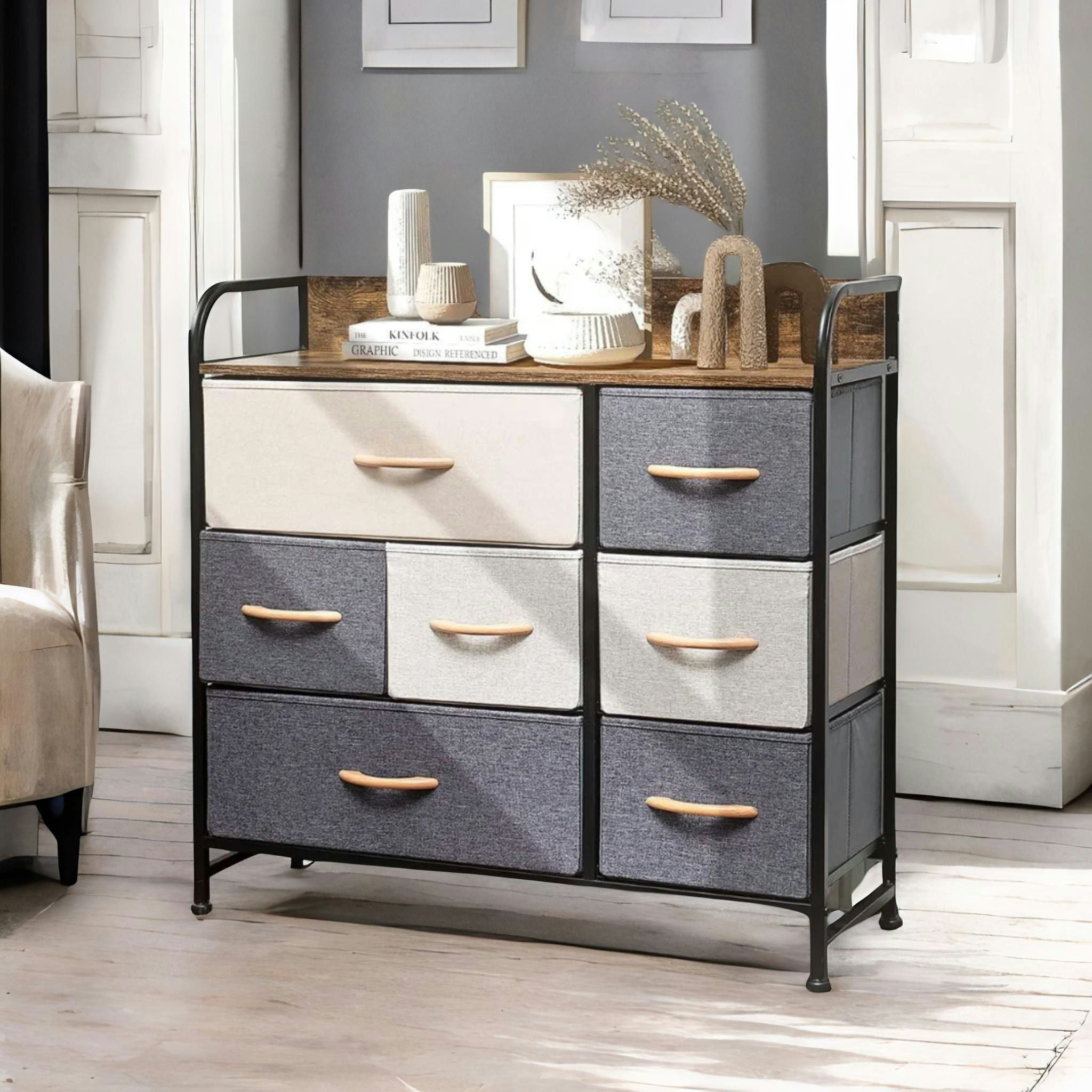 Rafaelo Mobilia Brown 7 Fabric Drawer Bedroom Dresser Storage Organiser Rustic