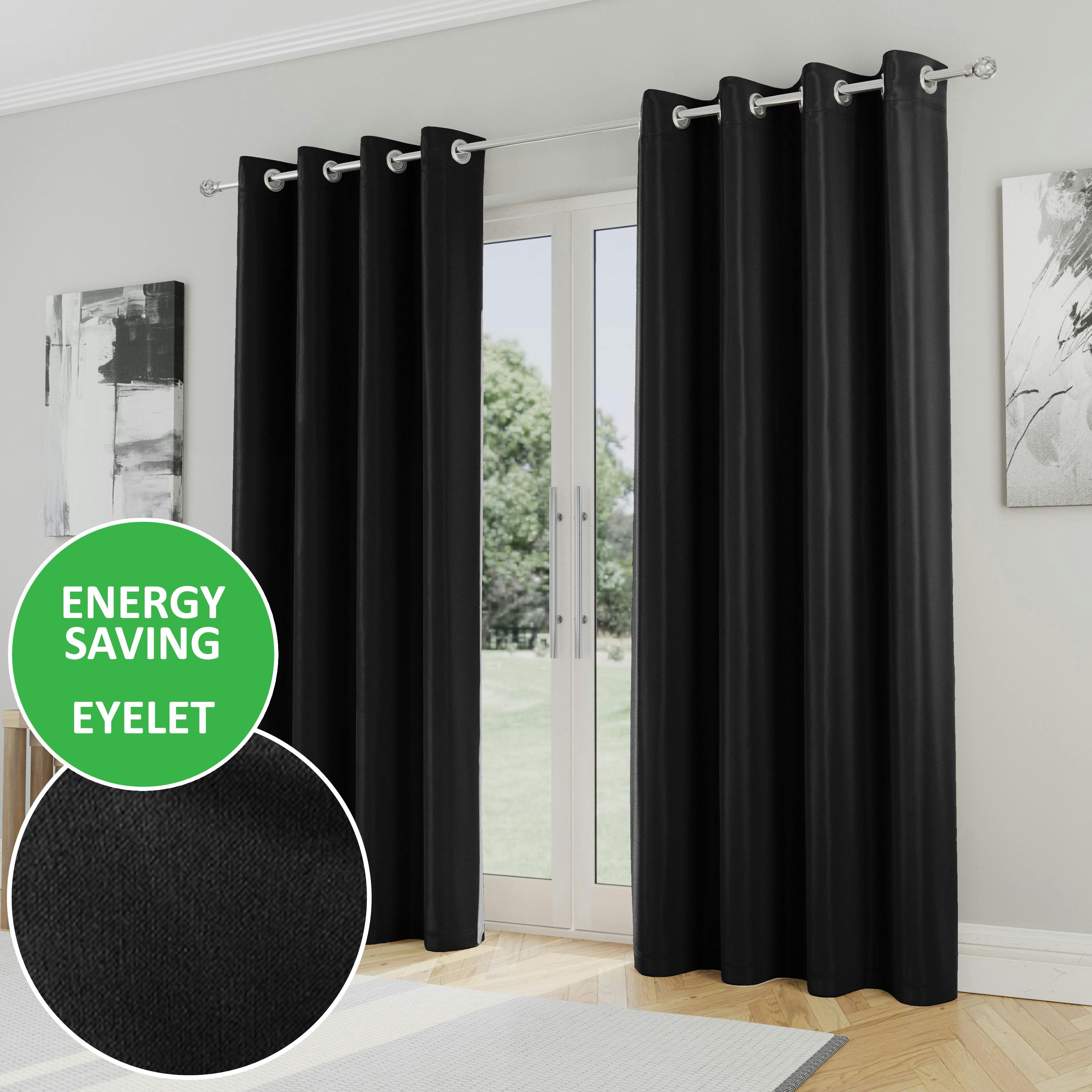 Enhanced Living Black Plain Supersoft Thermal Room Darkening Eyelet Curtain - Pair For Living Room & Bedrooms - 66" (168Cm) Width X 72" (183Cm) Drop