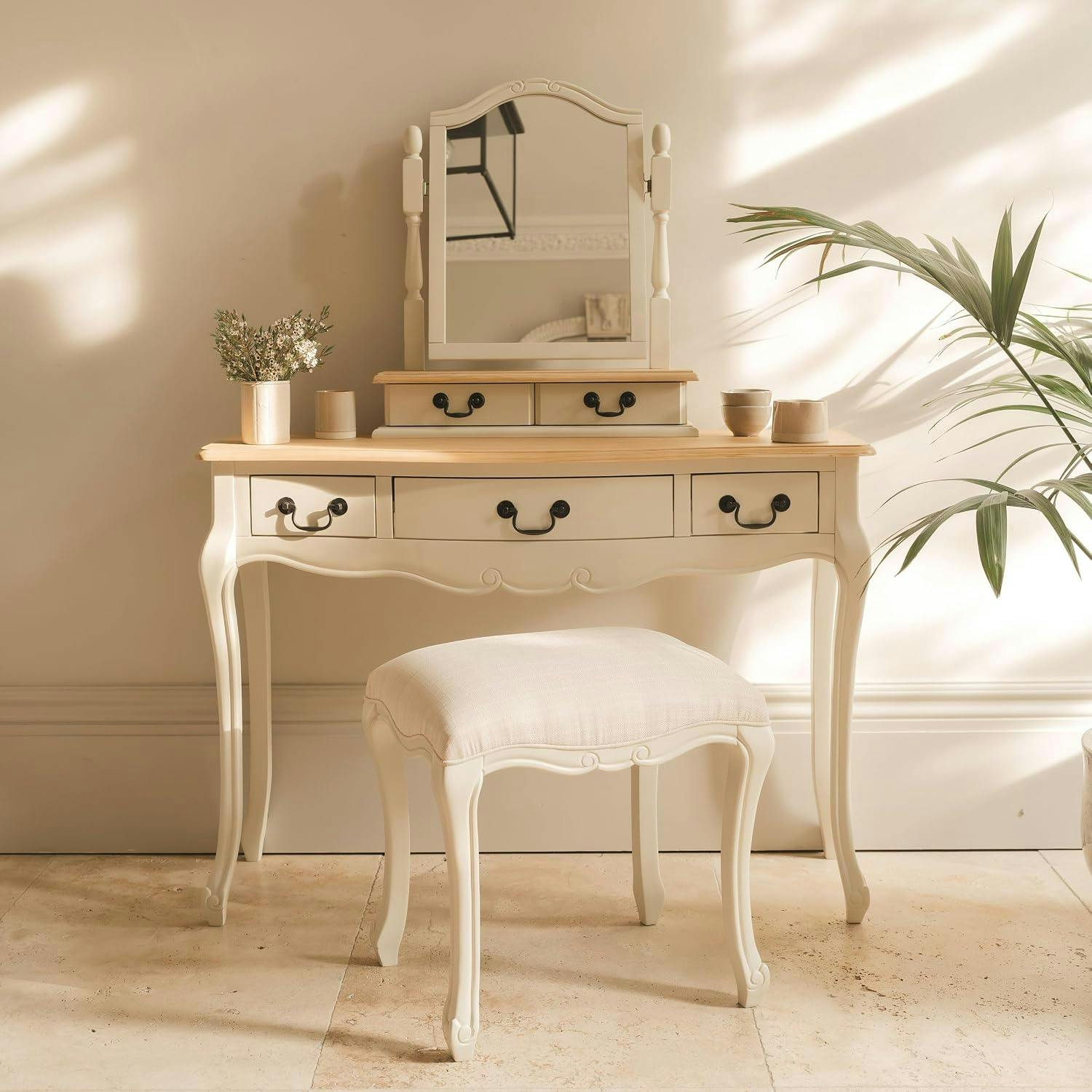 Statement Furniture Cream Juliette Dressing Table Set With Trinket Mirror. French Table Mirror With Storage And Stool - Champagne,