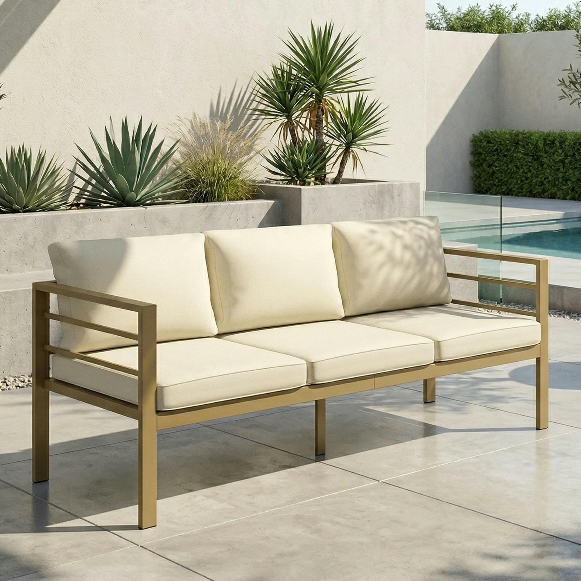 Rackhams Cream/White 3 Seater Garden Bench With Cushions, Outdoor Furniture,