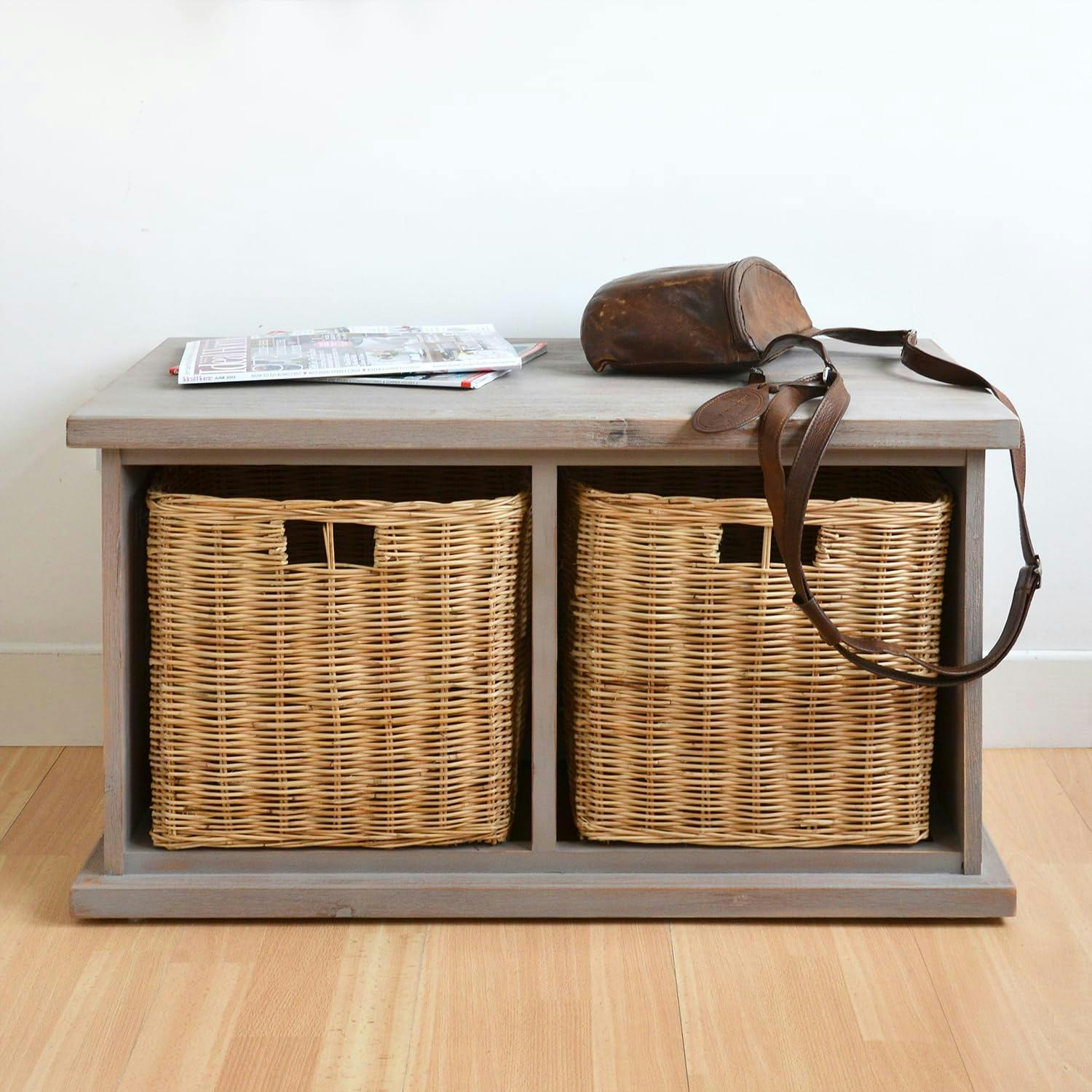 Rackhams Brown/Grey Tetbury Acacia Hallway Bench With Natural Wicker Storage Baskets - 2 Baskets Bench