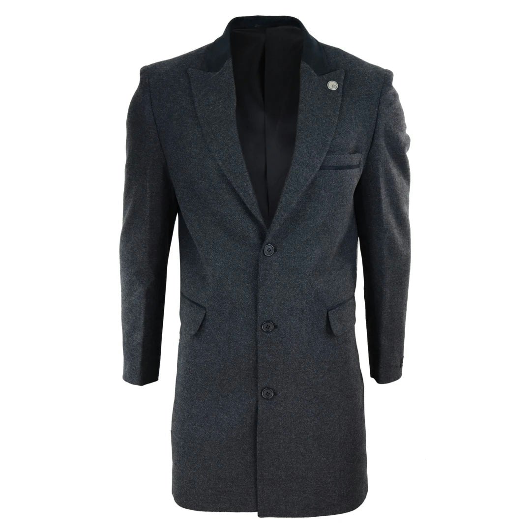 Truclothing Men's 3/4 Long Overcoat Jacket Herringbone Tweed Coat Peaky Blinders - Charcoal - 38