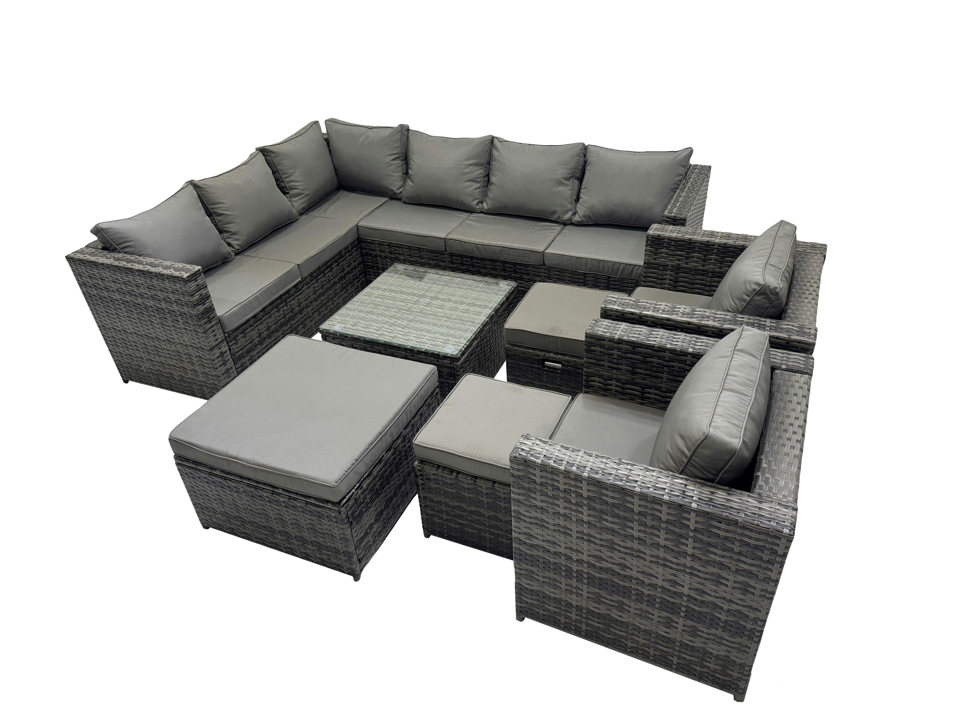 Rackhams Dark/Grey Rattan Garden Furniture Patio Furniture Sets With Corner Sofa 2 Chairs Square Coffee Table 3 Footstools Mixed