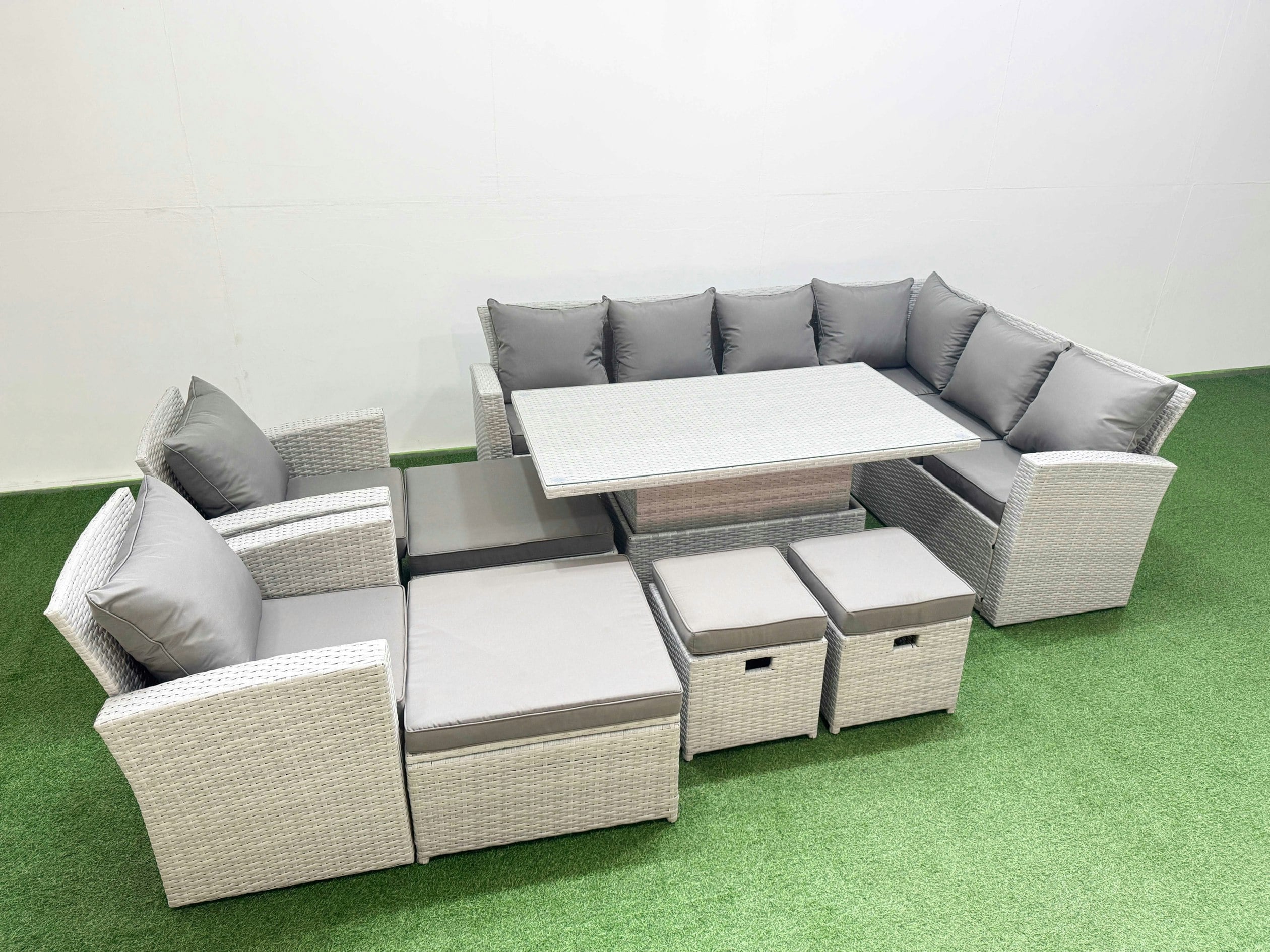 Rackhams Light/Grey 12 Seat Rattan Garden Furniture Corner Sofa Set Outdoor Adjustable Lifting Dining Or Coffee Table Set With Armchair