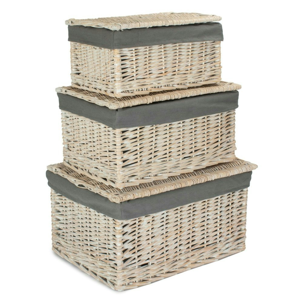 Red Hamper Red/Grey Hamper Whitewash Steamed Cotton Lined Wicker Storage Basket - Set Of 3